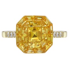 Invisible Set Yellow Sapphire Diamond Art Deco Style Ring in 14K Yellow Gold