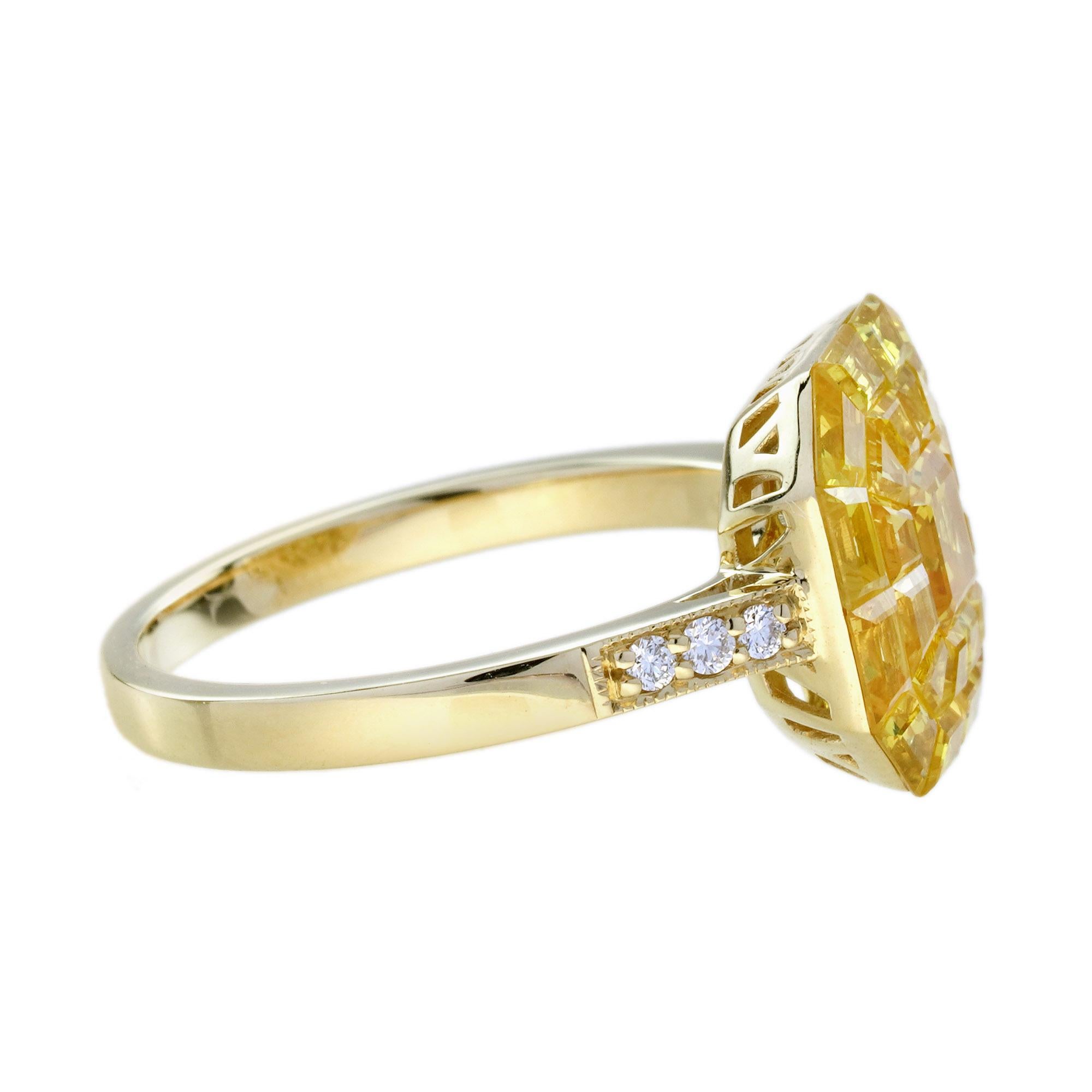 Art Déco Anello in stile Art Deco con zaffiro giallo e diamante incastonato invisibile in oro giallo 18 carati in vendita