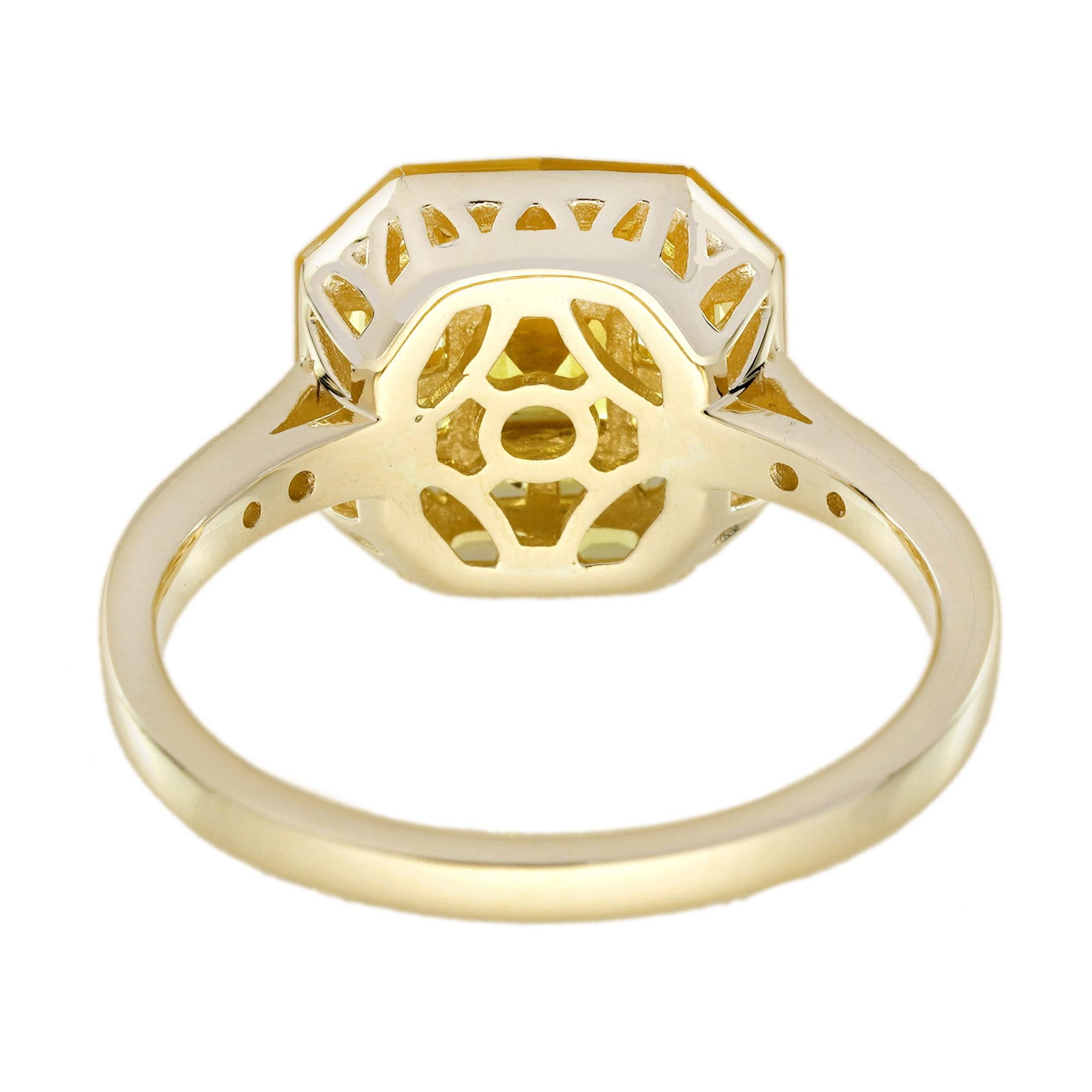 Quadrato Anello in stile Art Deco con zaffiro giallo e diamante incastonato invisibile in oro giallo 18 carati in vendita