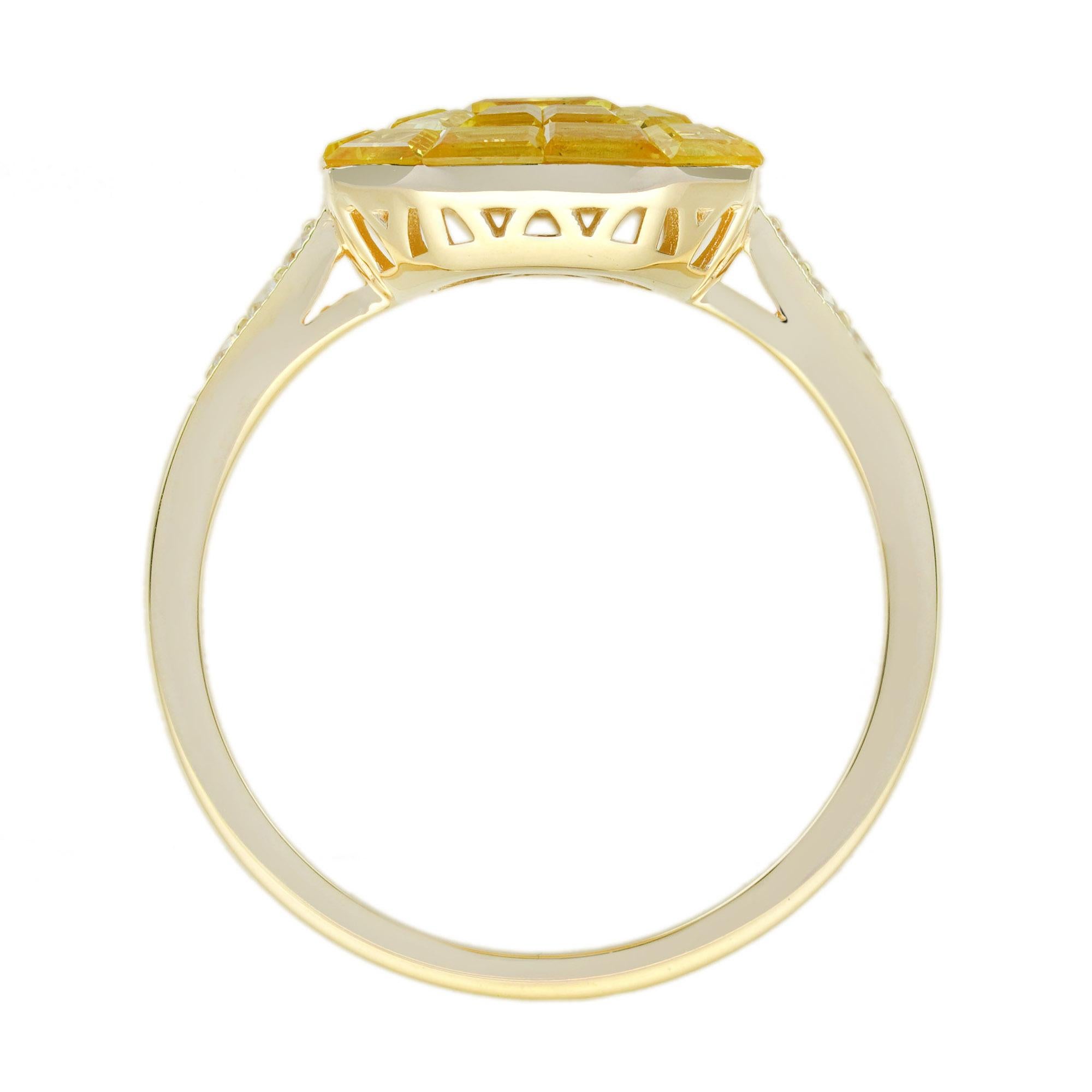 Anello in stile Art Deco con zaffiro giallo e diamante incastonato invisibile in oro giallo 18 carati In condizioni Nuovo in vendita a Bangkok, TH