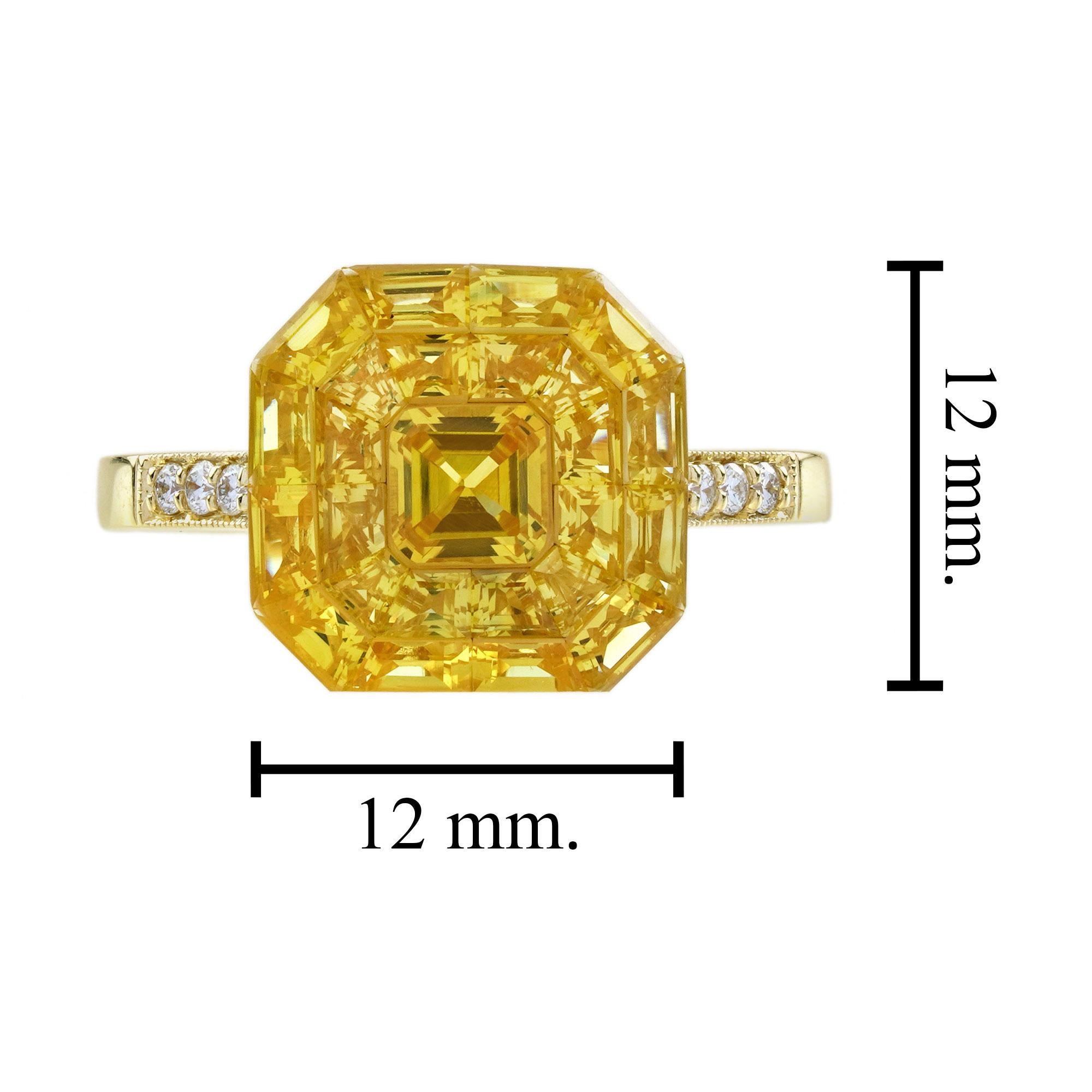 Donna Anello in stile Art Deco con zaffiro giallo e diamante incastonato invisibile in oro giallo 18 carati in vendita
