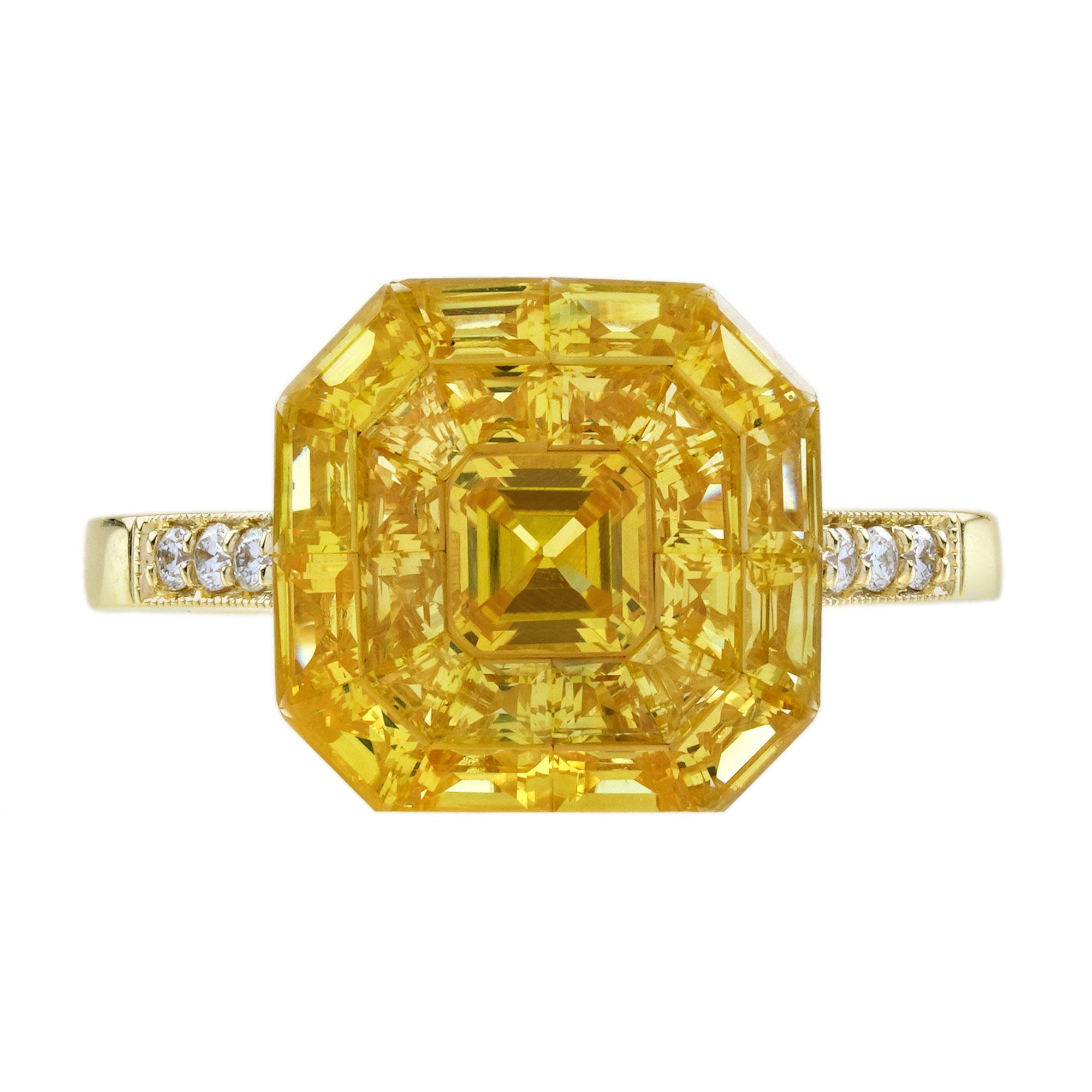 Invisible Set Yellow Sapphire Diamond Art Deco Style Ring in 18K Yellow Gold