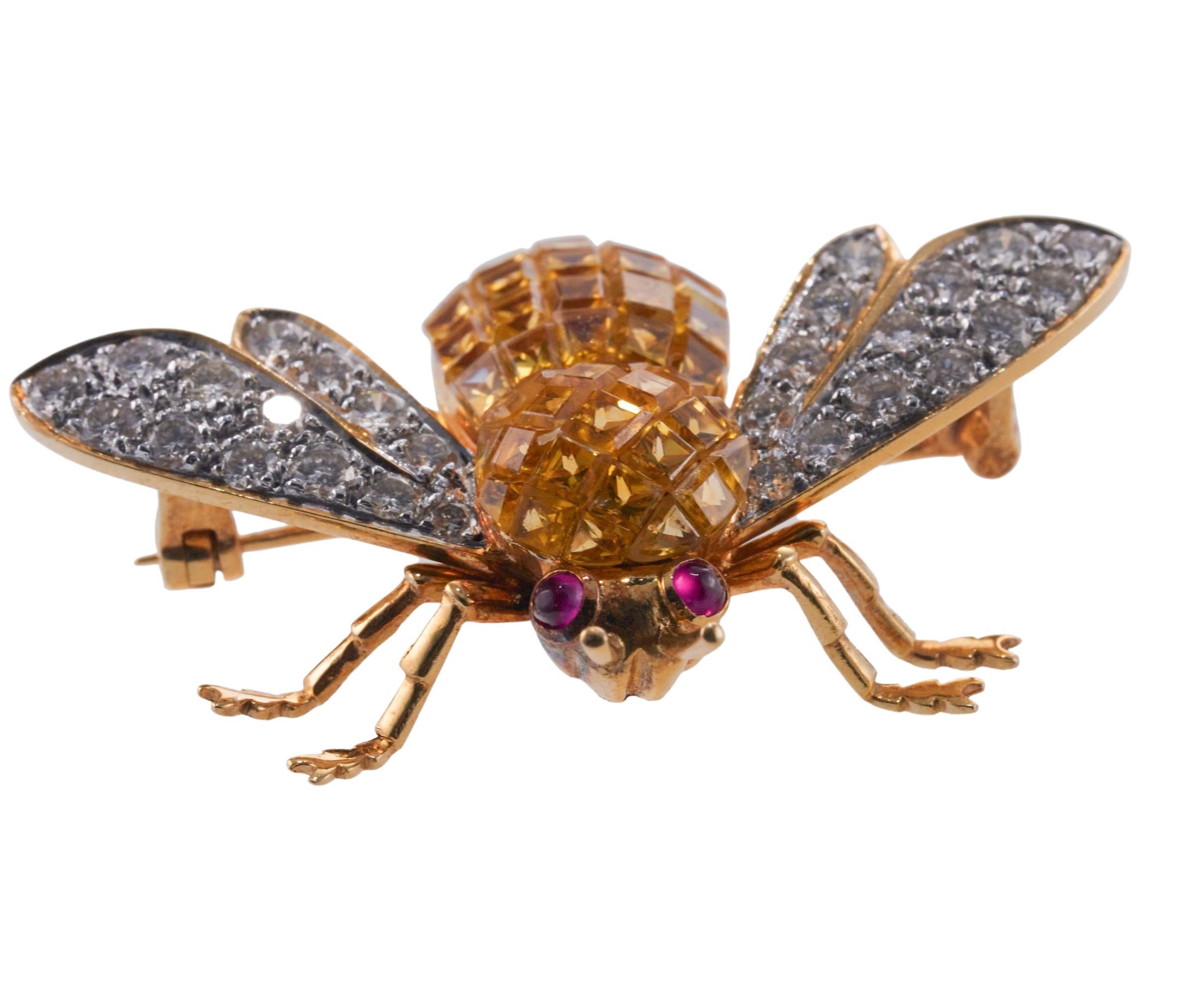Round Cut Invisible Set Yellow Sapphire Diamond Ruby Gold Bee Insect Brooch