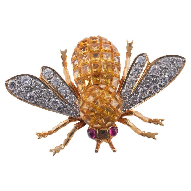 Antique Diamond Ruby Sapphire Gold Silver Insect Bee Brooch For Sale at ...