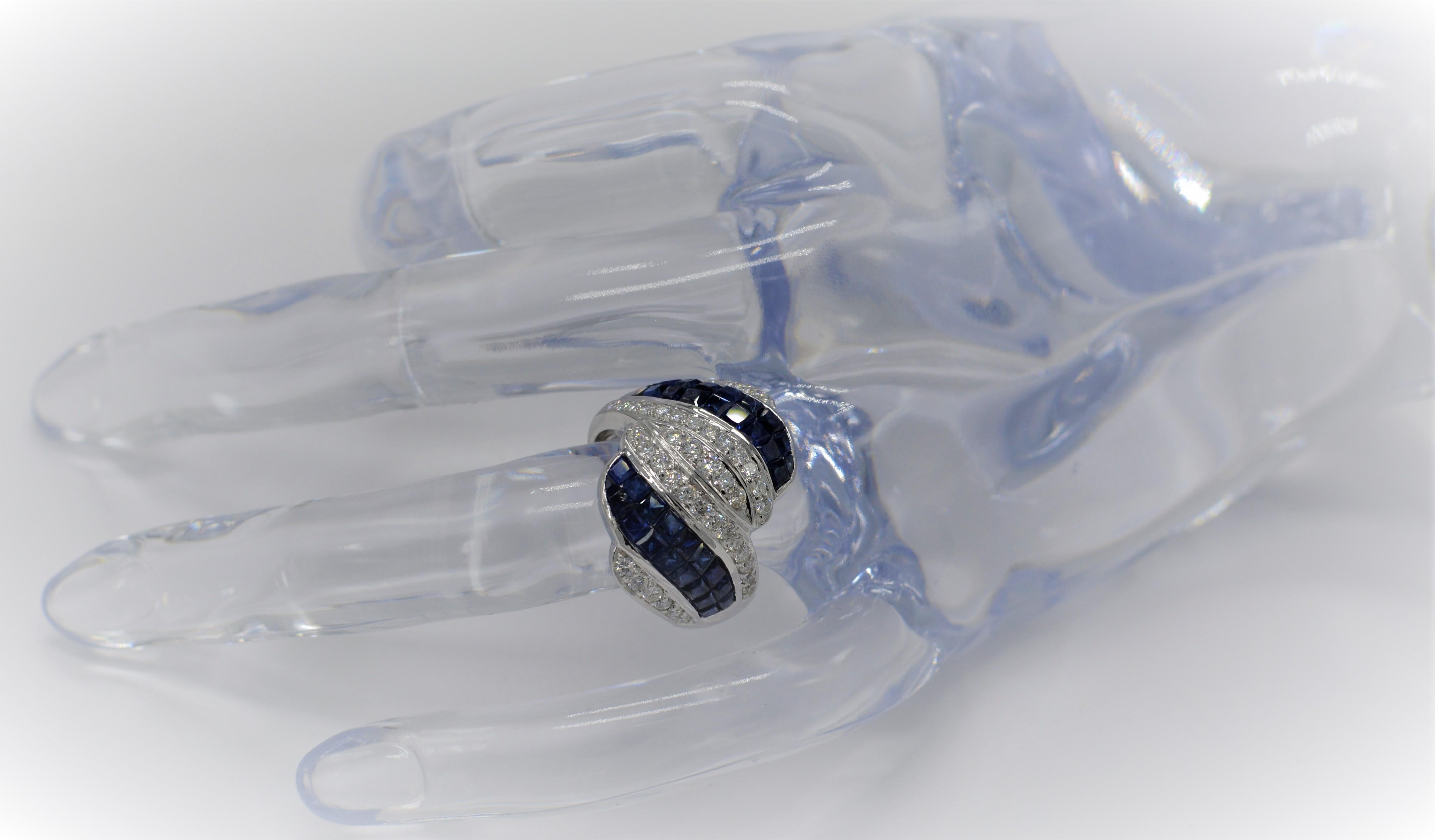 Invisible Setting Blue Sapphire Ring & Diamonds 18 Karat White Gold For Sale 5