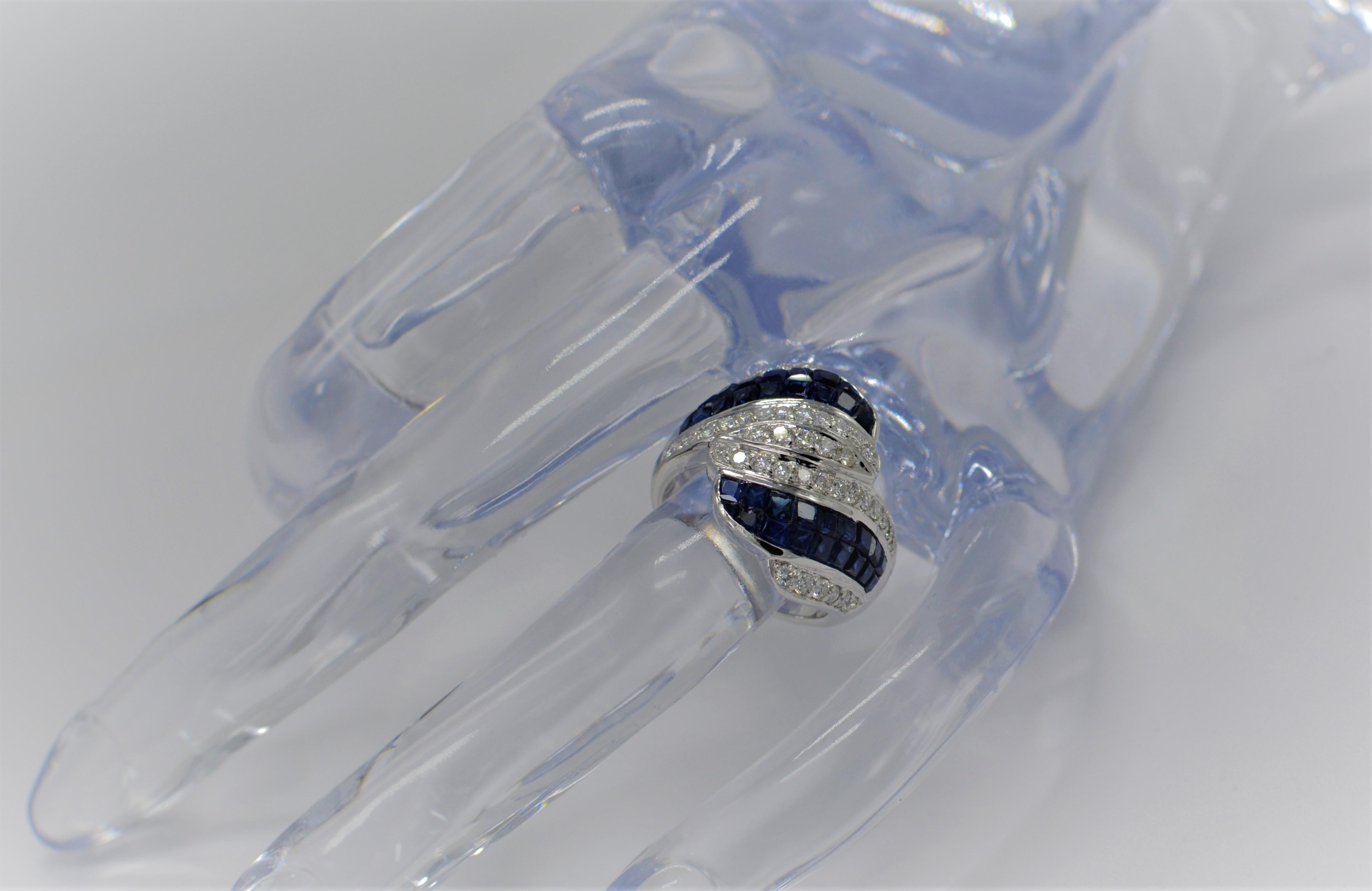 Invisible Setting Blue Sapphire Ring & Diamonds 18 Karat White Gold For Sale 6