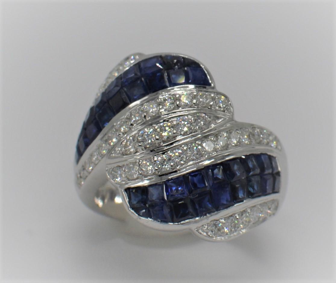 Square Cut Invisible Setting Blue Sapphire Ring & Diamonds 18 Karat White Gold For Sale