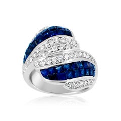 Invisible Setting Blue Sapphire Ring & Diamonds 18 Karat White Gold