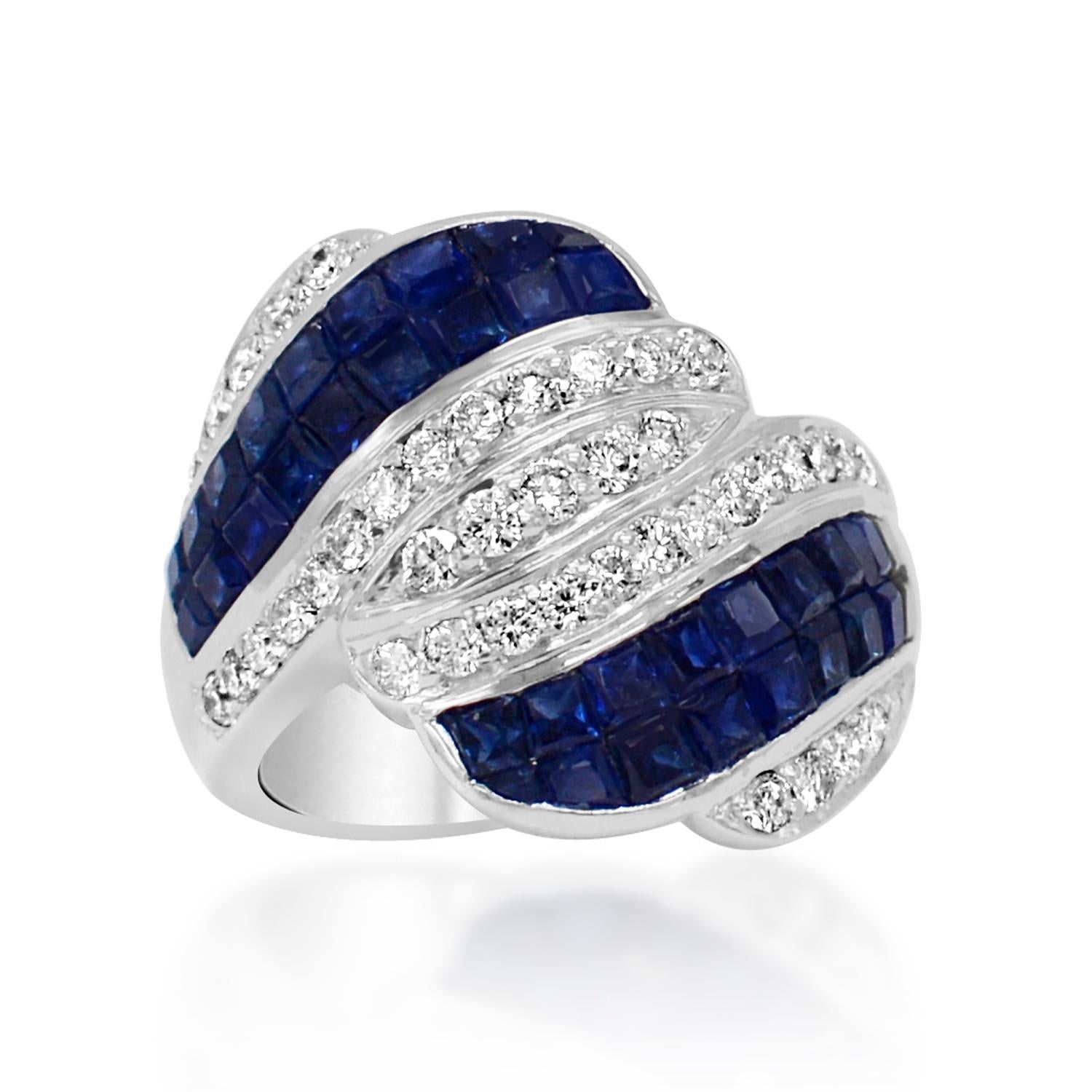 Square Cut Invisible Setting Blue Sapphire Ring & Diamonds 18 Karat White Gold For Sale