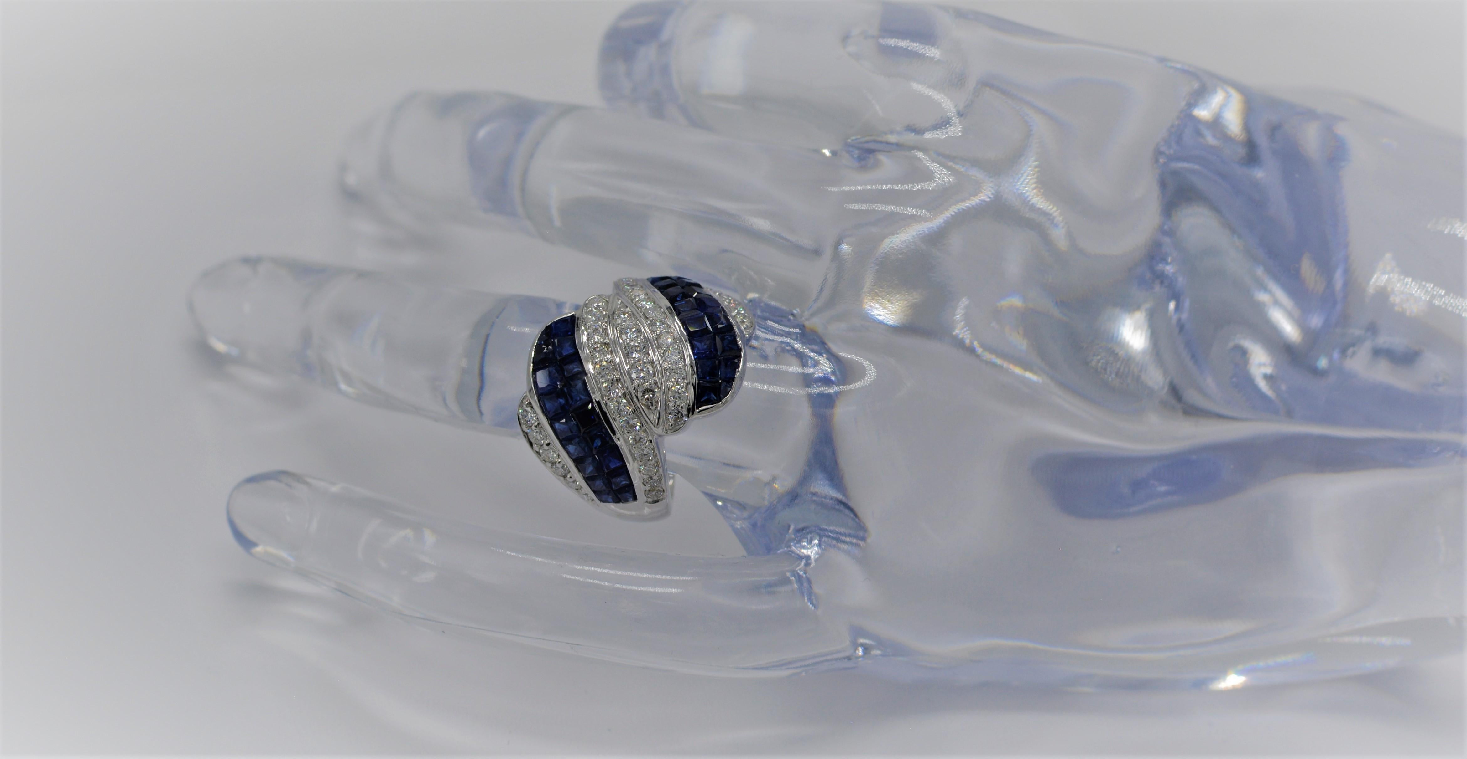 Invisible Setting Blue Sapphire Ring & Diamonds 18 Karat White Gold In New Condition For Sale In Brooklyn, NY