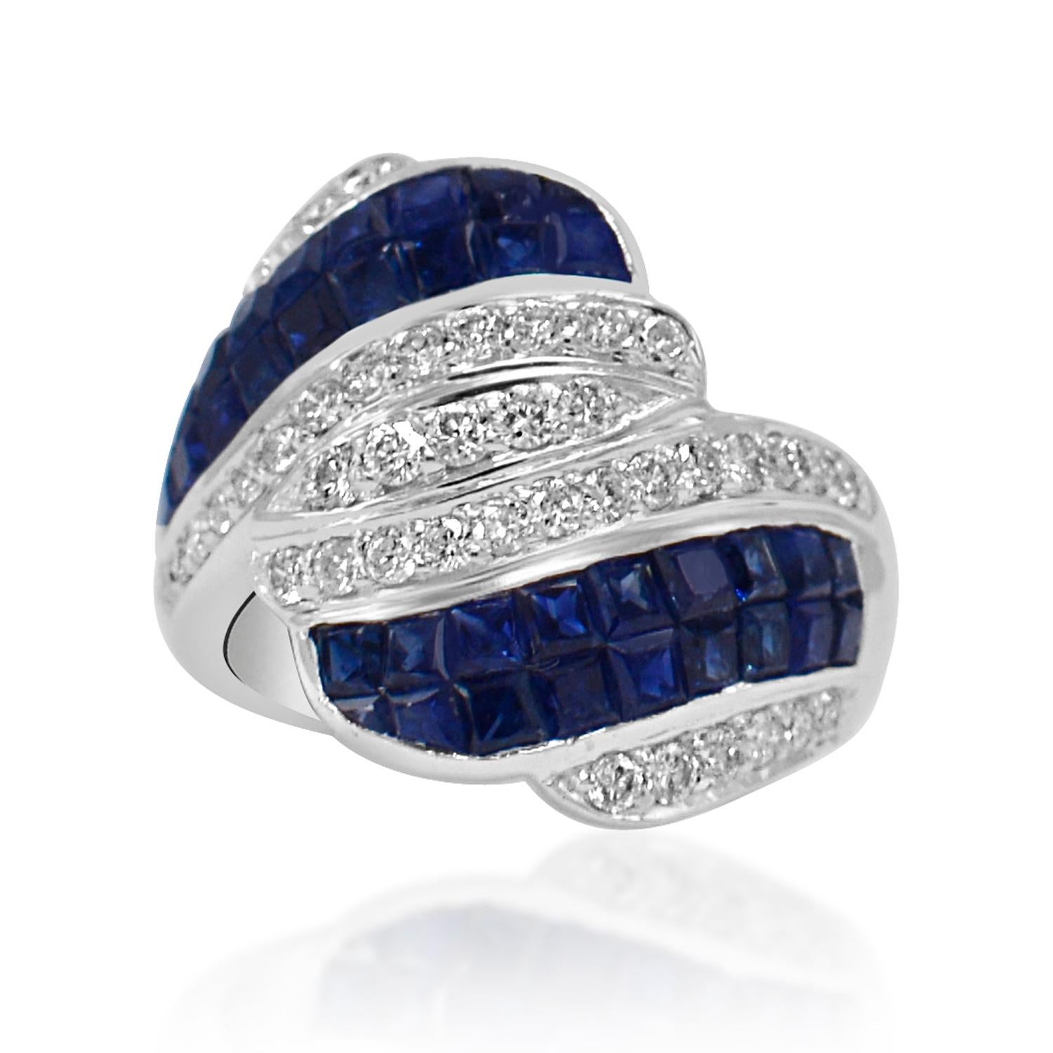 Invisible Setting Blue Sapphire Ring & Diamonds 18 Karat White Gold In New Condition For Sale In Brooklyn, NY