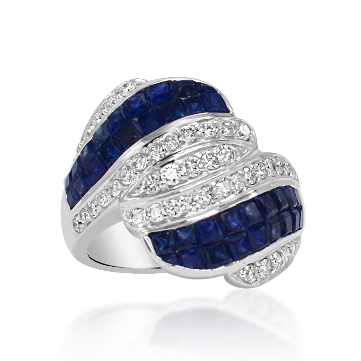 Women's Invisible Setting Blue Sapphire Ring & Diamonds 18 Karat White Gold For Sale