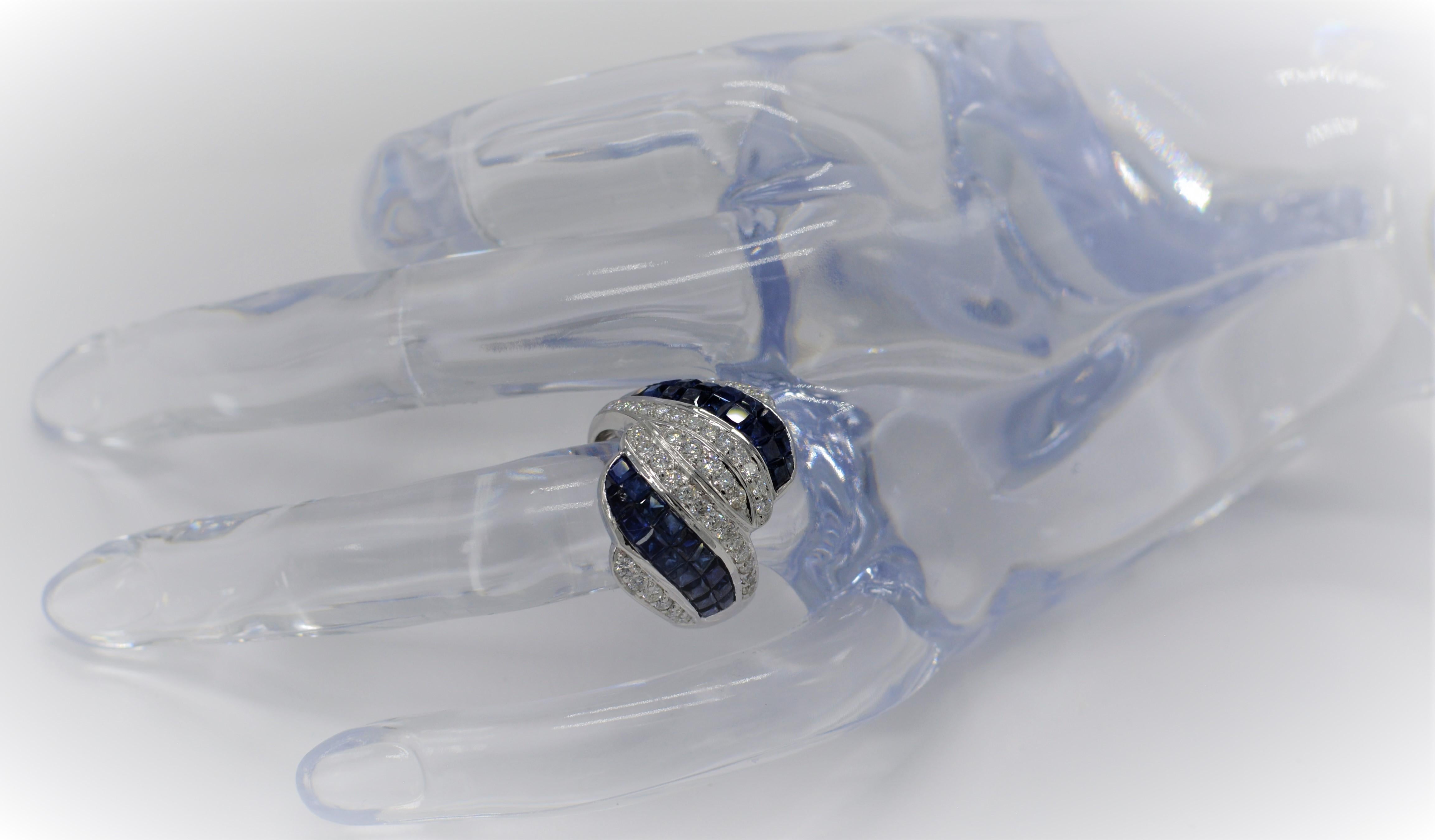 Invisible Setting Blue Sapphire Ring & Diamonds 18 Karat White Gold For Sale 2