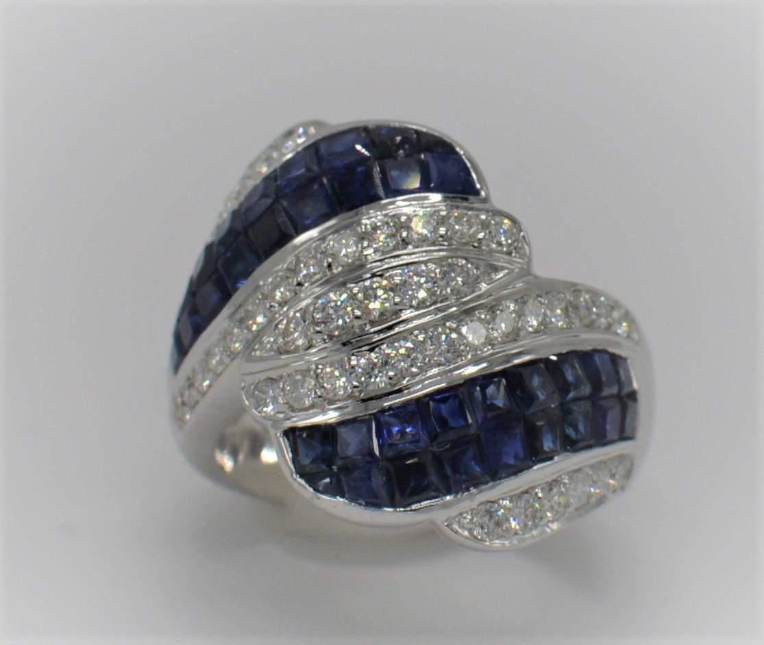 Invisible Setting Blue Sapphire Ring & Diamonds 18 Karat White Gold For Sale 1