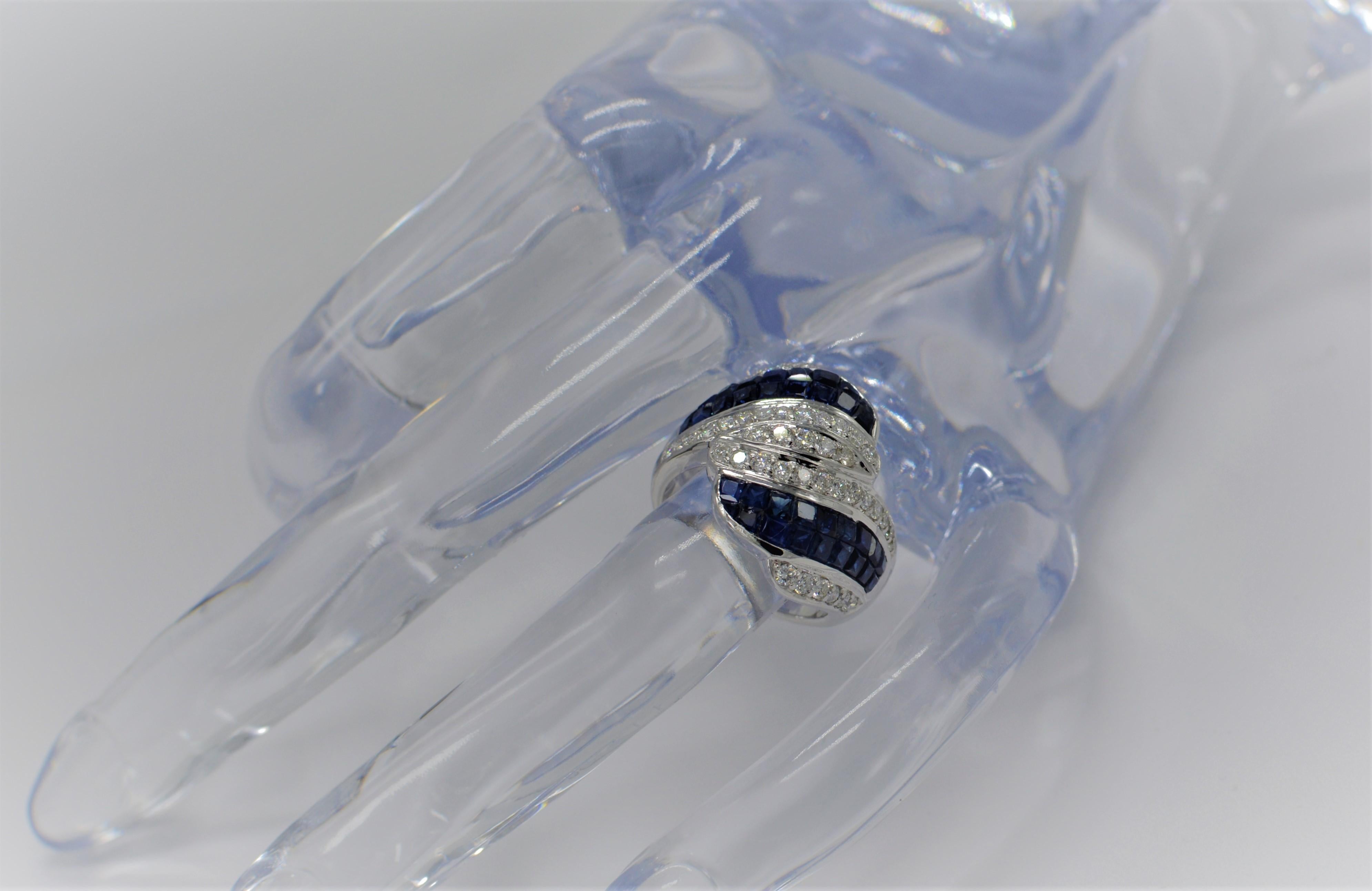 Invisible Setting Blue Sapphire Ring & Diamonds 18 Karat White Gold For Sale 3
