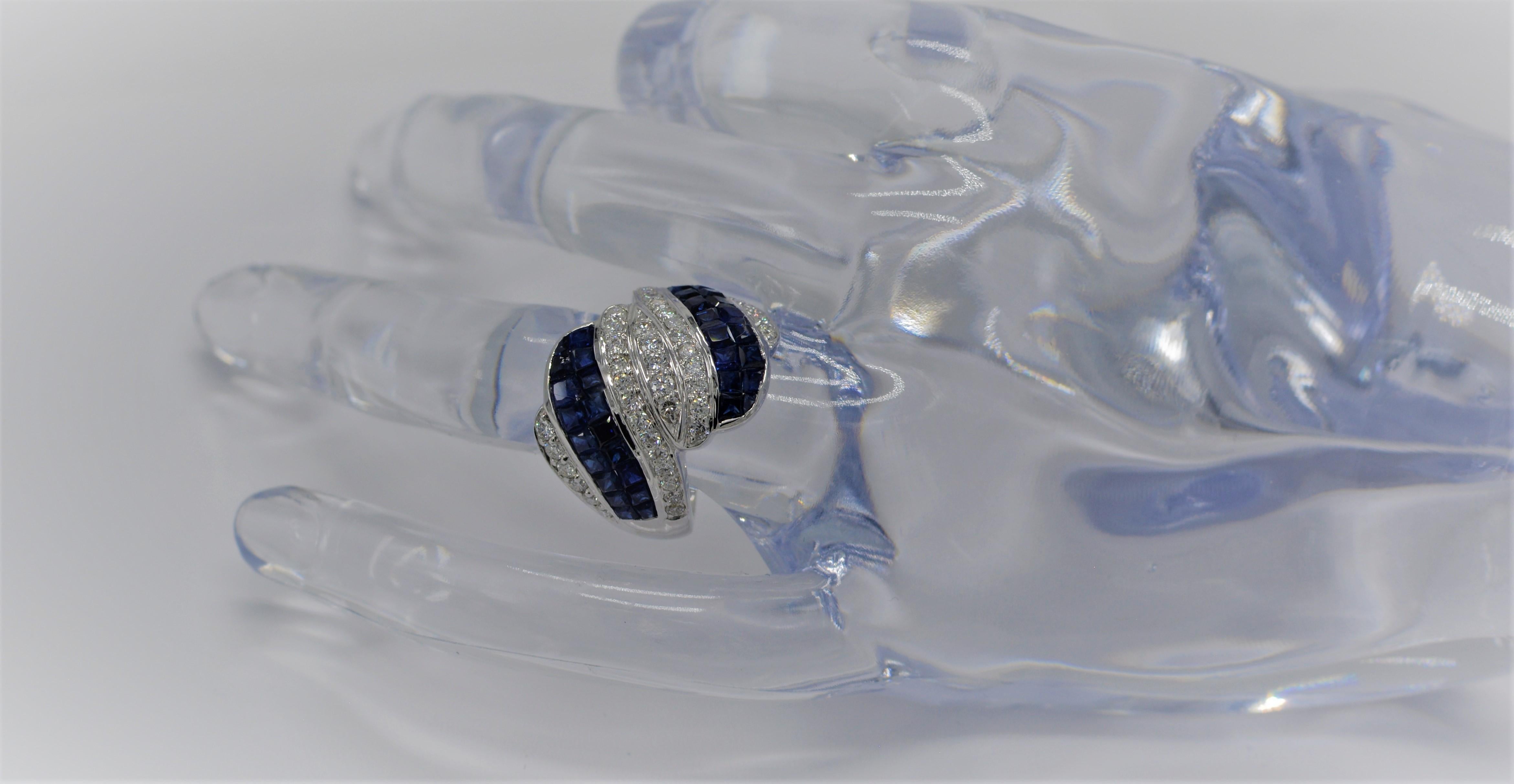 Invisible Setting Blue Sapphire Ring & Diamonds 18 Karat White Gold For Sale 2