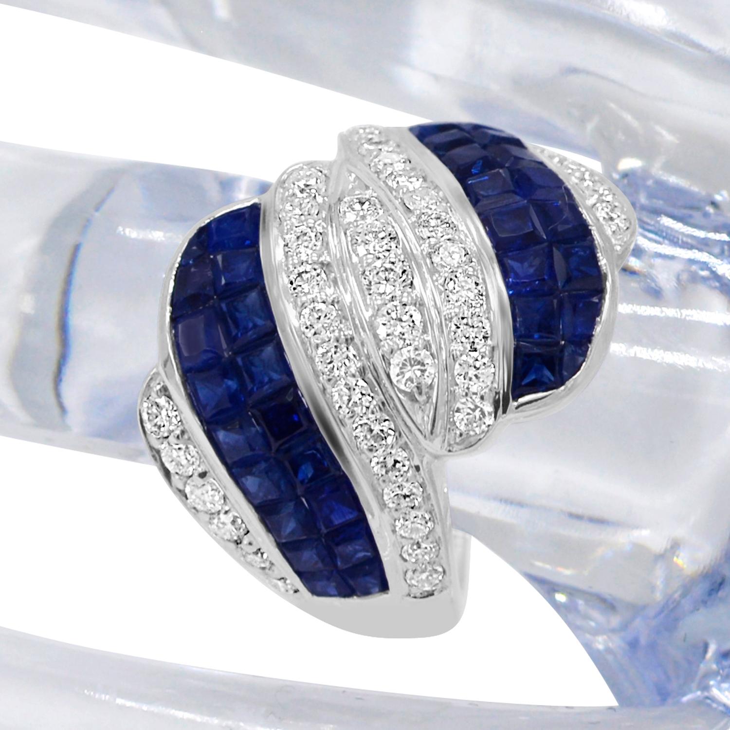 Women's Invisible Setting Blue Sapphire Ring & Diamonds 18 Karat White Gold For Sale