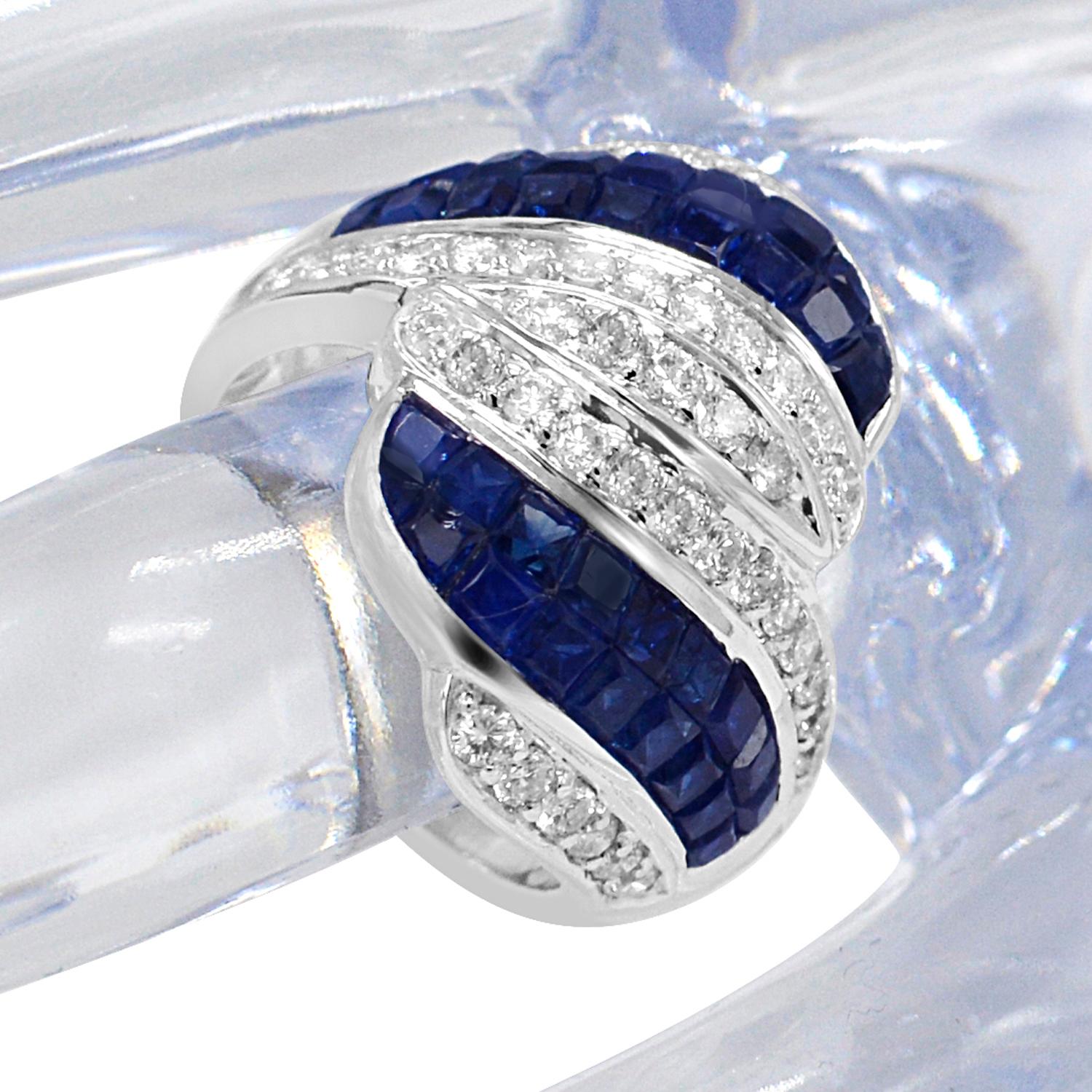 Invisible Setting Blue Sapphire Ring & Diamonds 18 Karat White Gold For Sale 4