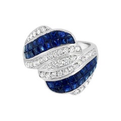 Retro Invisible Setting Blue Sapphire Ring & Diamonds 18 Karat White Gold