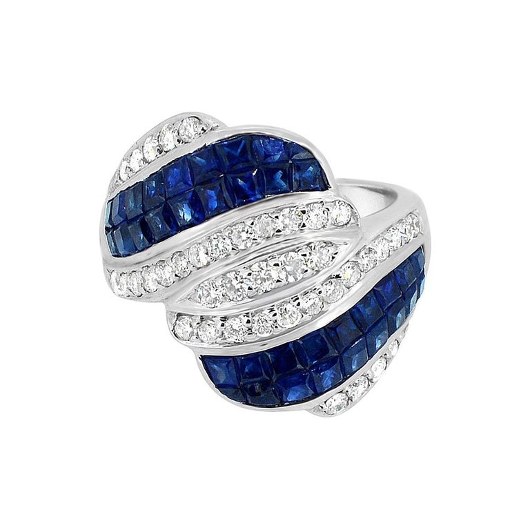 Invisible Setting Blue Sapphire Ring and Diamonds 18 Karat White Gold ...