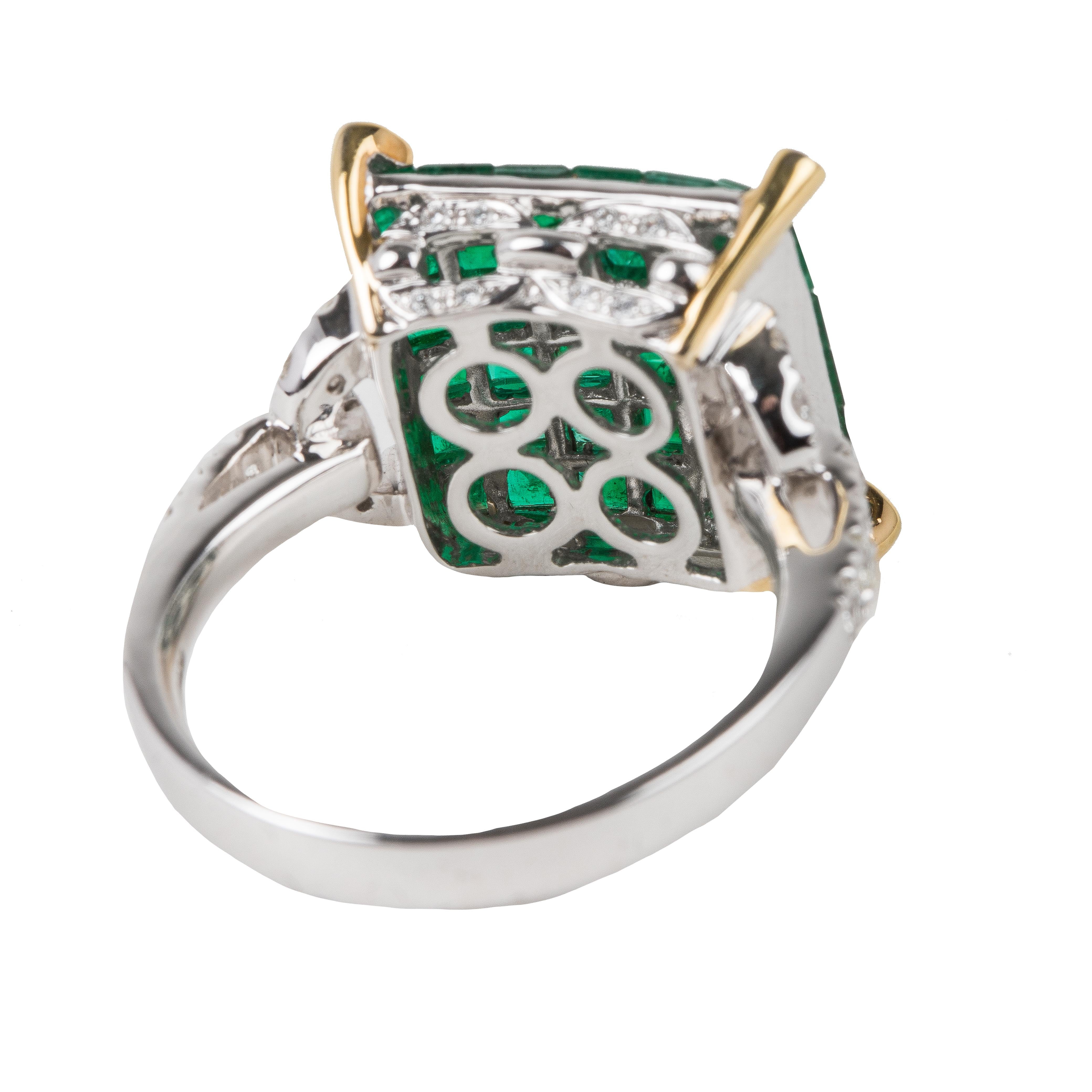 Modern Invisible Setting Emerald Square Ring For Sale