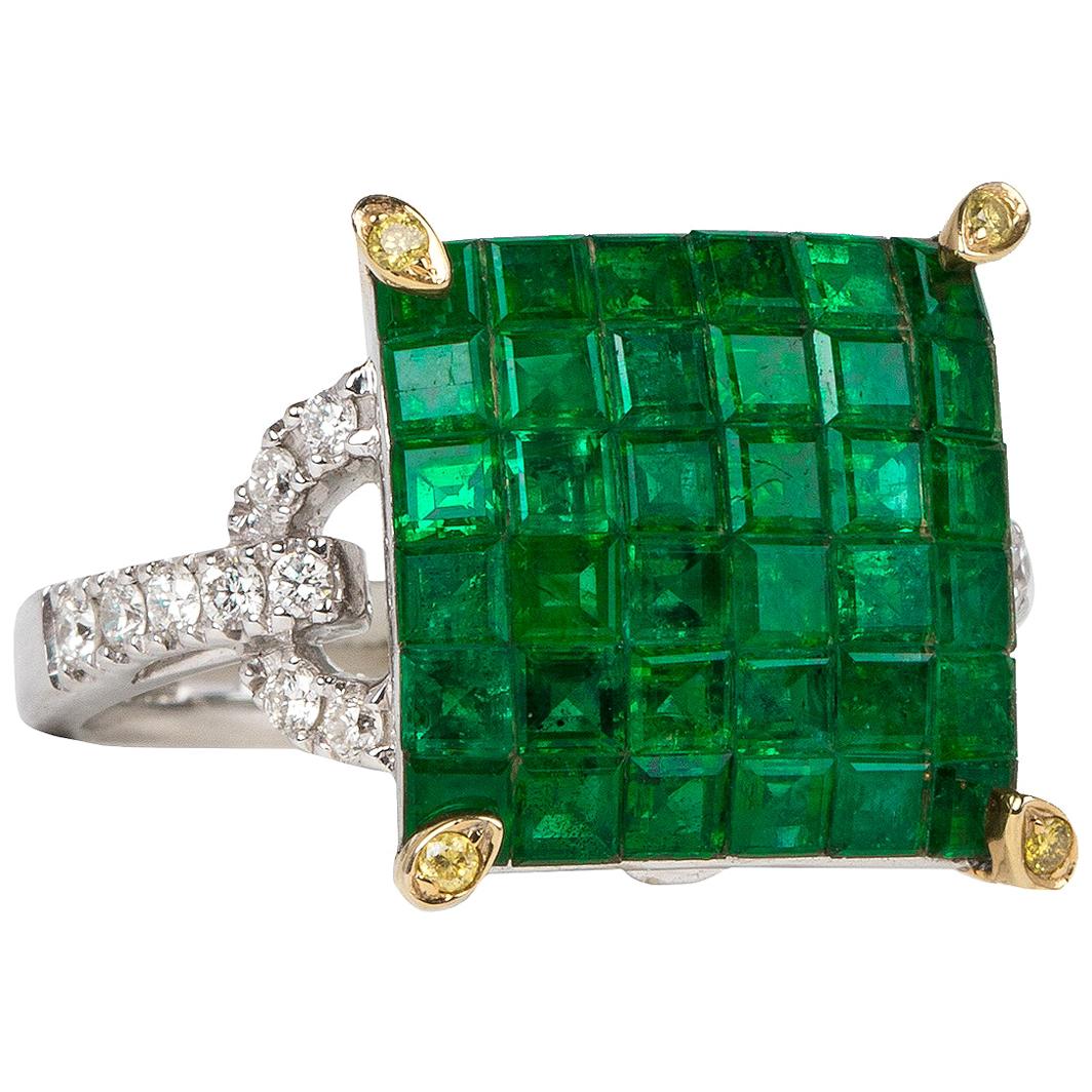 Invisible Setting Emerald Square Ring For Sale