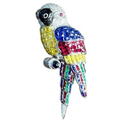 Invisible Setting Fancy Cut Sapphire Ruby Emerald Diamond Parrot Bird Brooch Pin