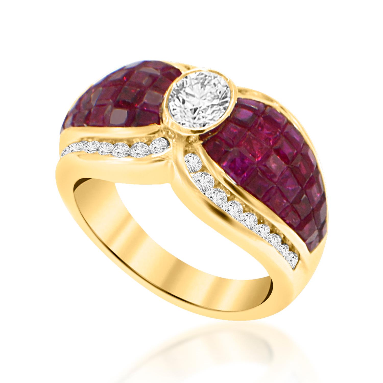 Square Cut Invisible Setting Ruby and Diamond Ring 18 Karat Gold For Sale