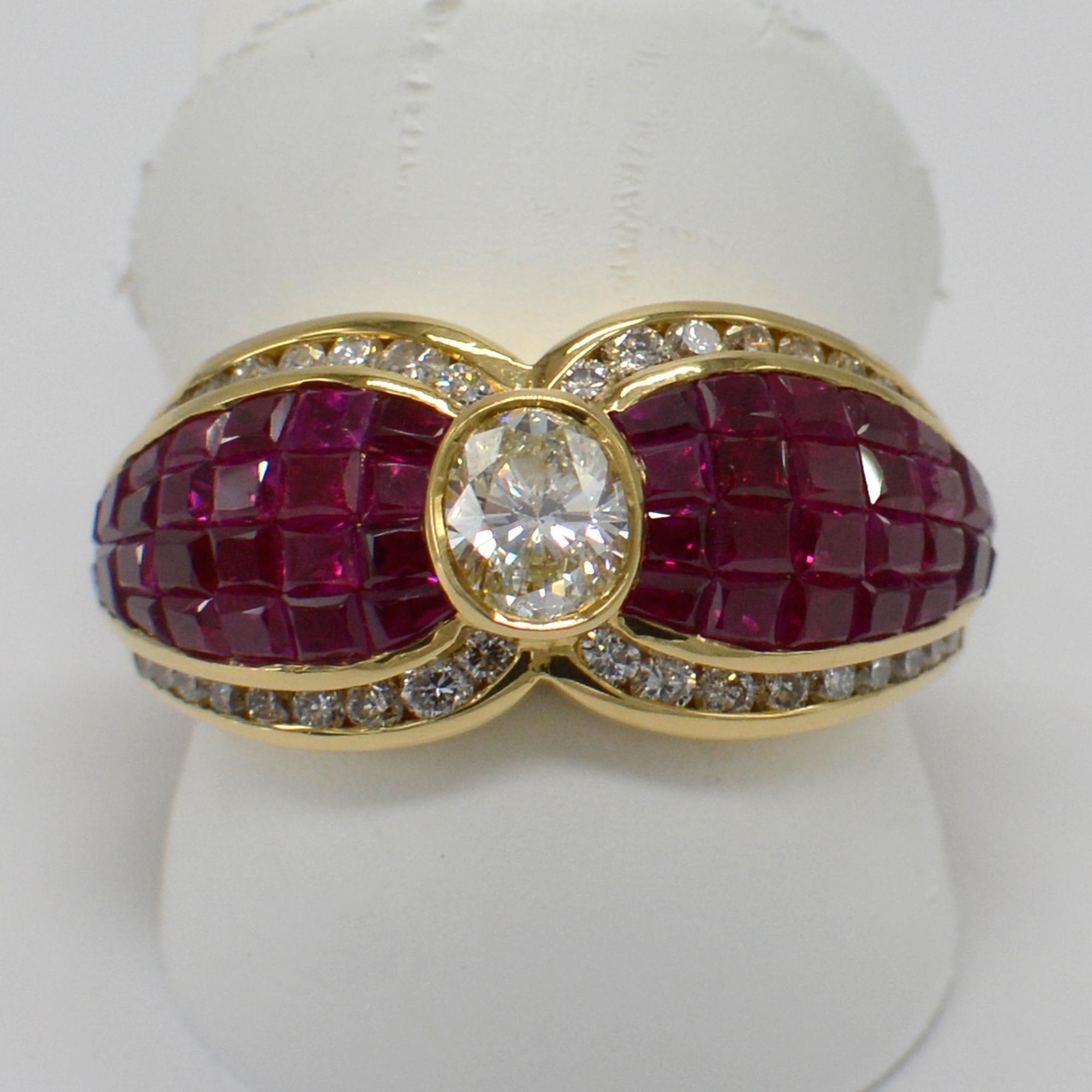 Invisible Setting Ruby and Diamond Ring 18 Karat Gold For Sale 3