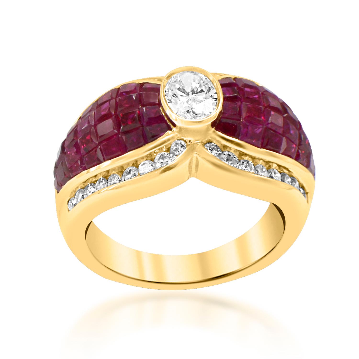 Women's Invisible Setting Ruby and Diamond Ring 18 Karat Gold For Sale