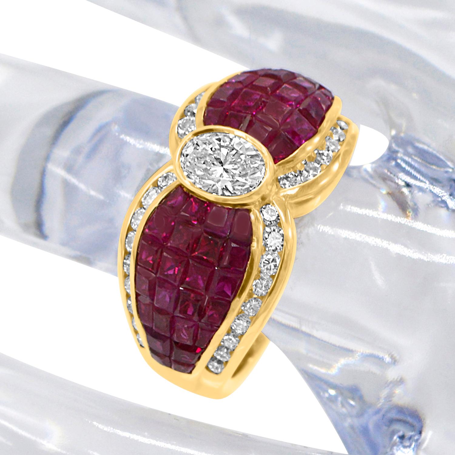 Invisible Setting Ruby and Diamond Ring 18 Karat Gold For Sale 2