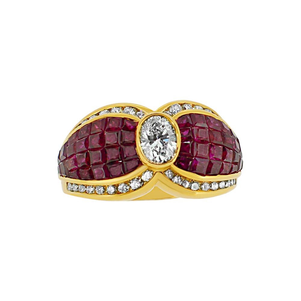 Invisible Setting Ruby and Diamond Ring 18 Karat Gold For Sale