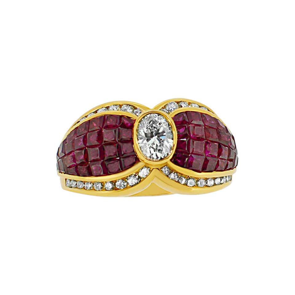 Emerald Heart Invisible Setting Ring and Diamond 18 Karat Gold For Sale ...