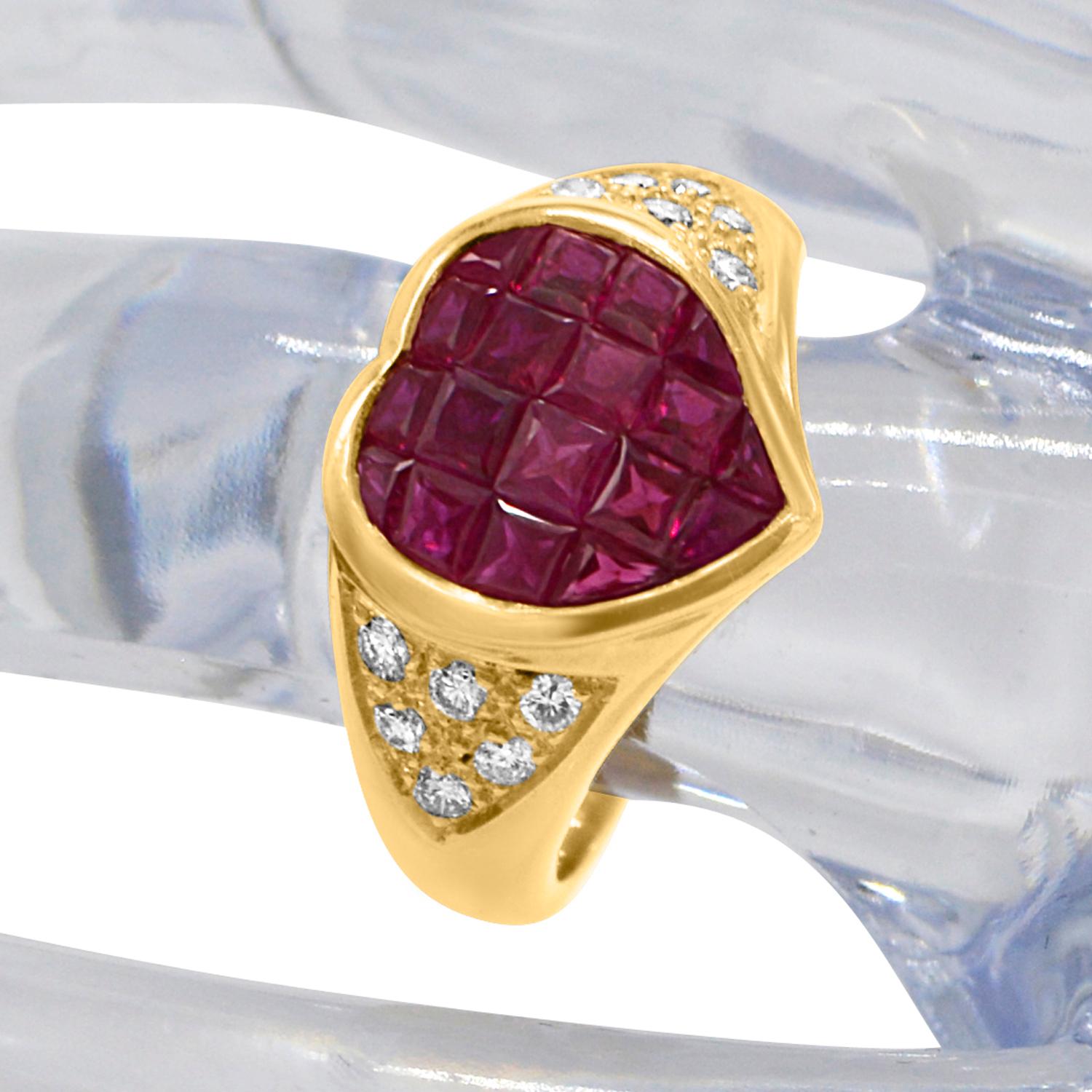 Square Cut Invisible Setting Ruby Heart Ring & Diamonds 18 Karat Yellow Gold For Sale