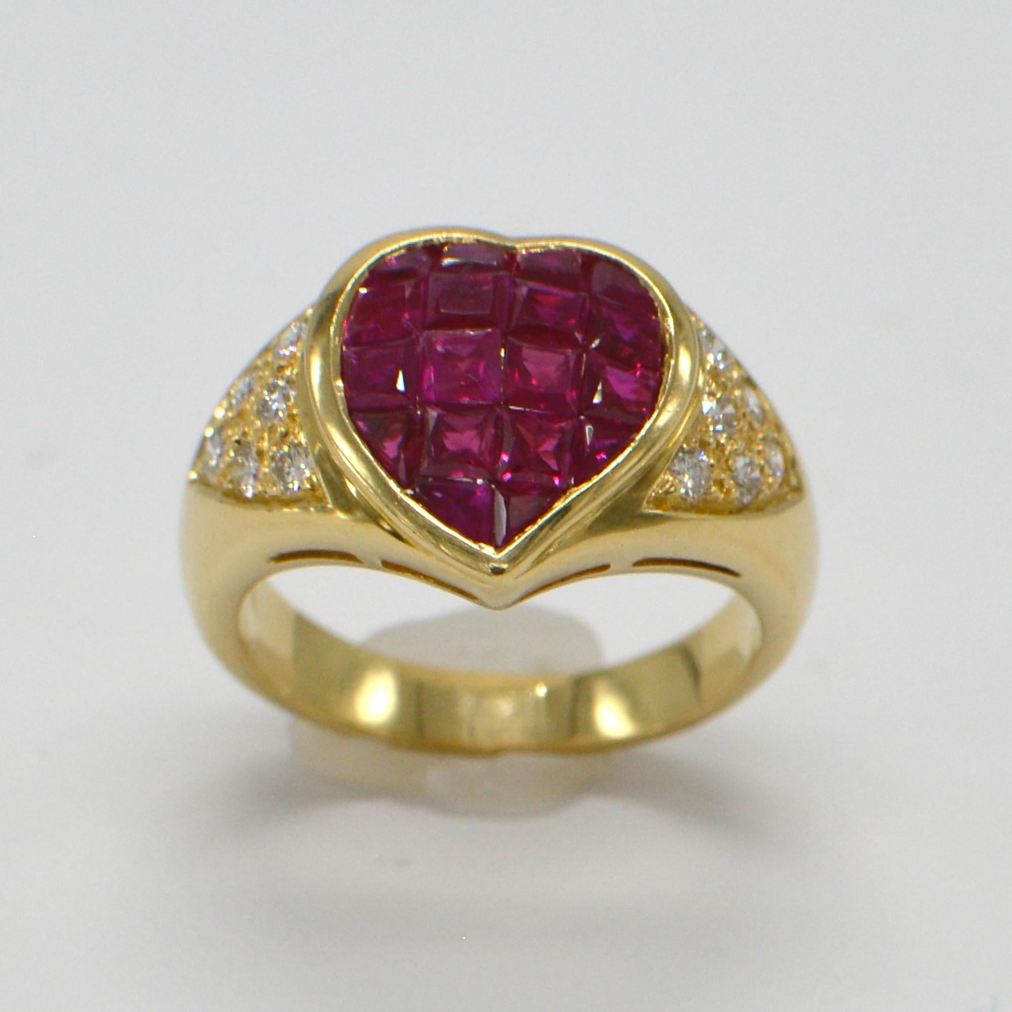 Invisible Setting Ruby Heart Ring & Diamonds 18 Karat Yellow Gold In New Condition For Sale In Brooklyn, NY