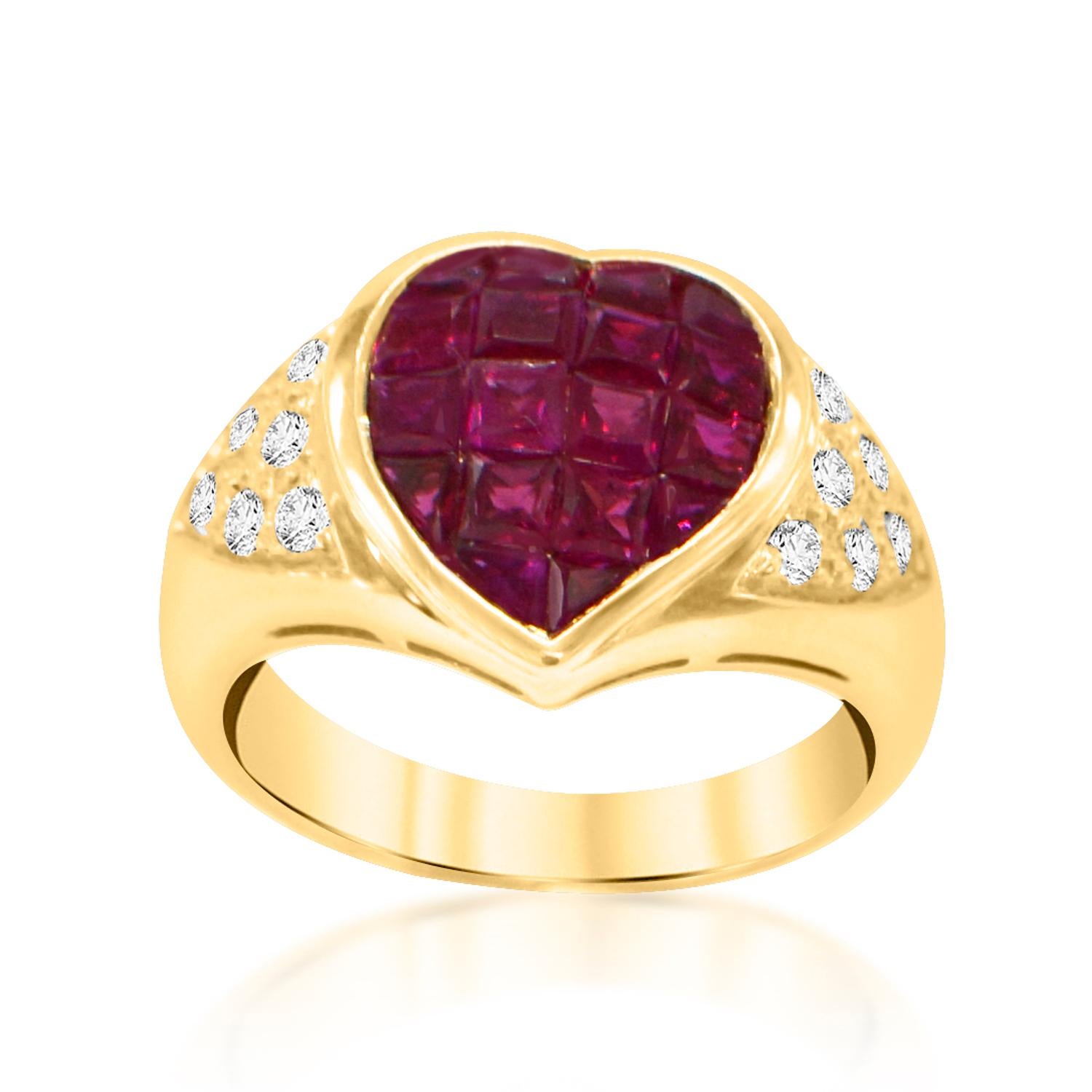 Women's Invisible Setting Ruby Heart Ring & Diamonds 18 Karat Yellow Gold For Sale