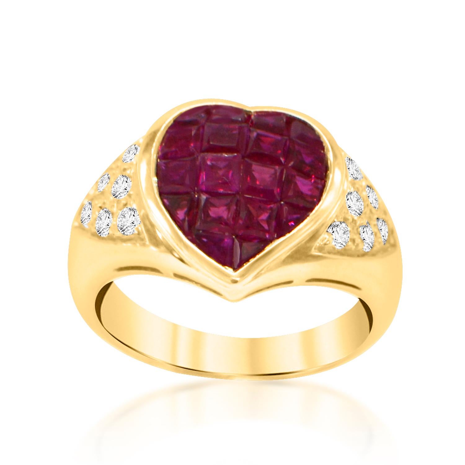 Bague cœur en or jaune 18 carats et diamants à monture invisible en vente 3