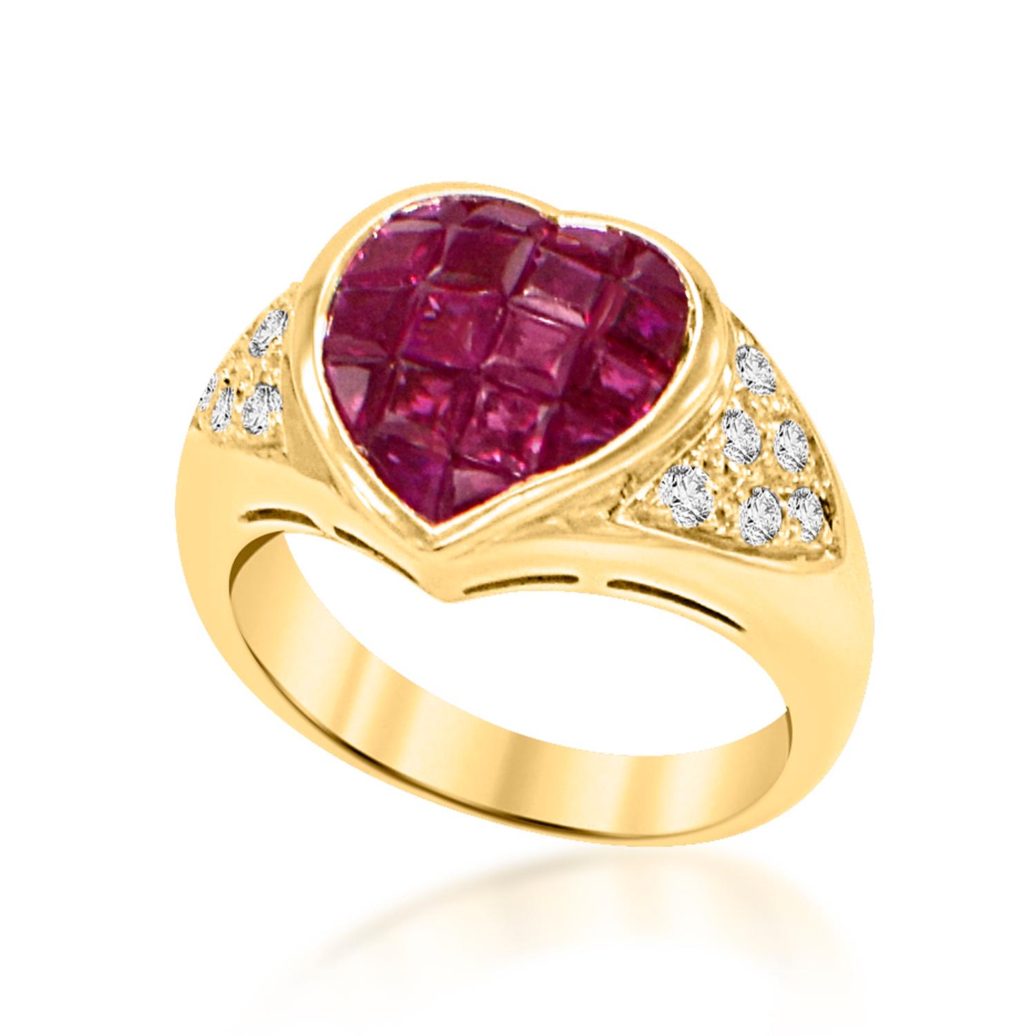 Invisible Setting Ruby Heart Ring & Diamonds 18 Karat Yellow Gold For Sale 1