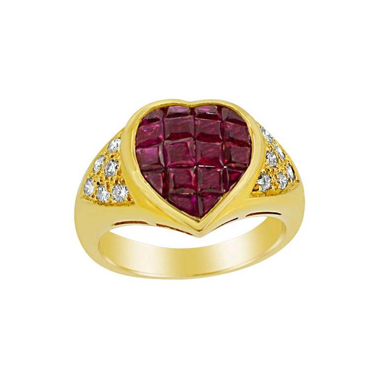 Invisible Setting Ruby Heart Ring and Diamonds 18 Karat Yellow Gold For ...