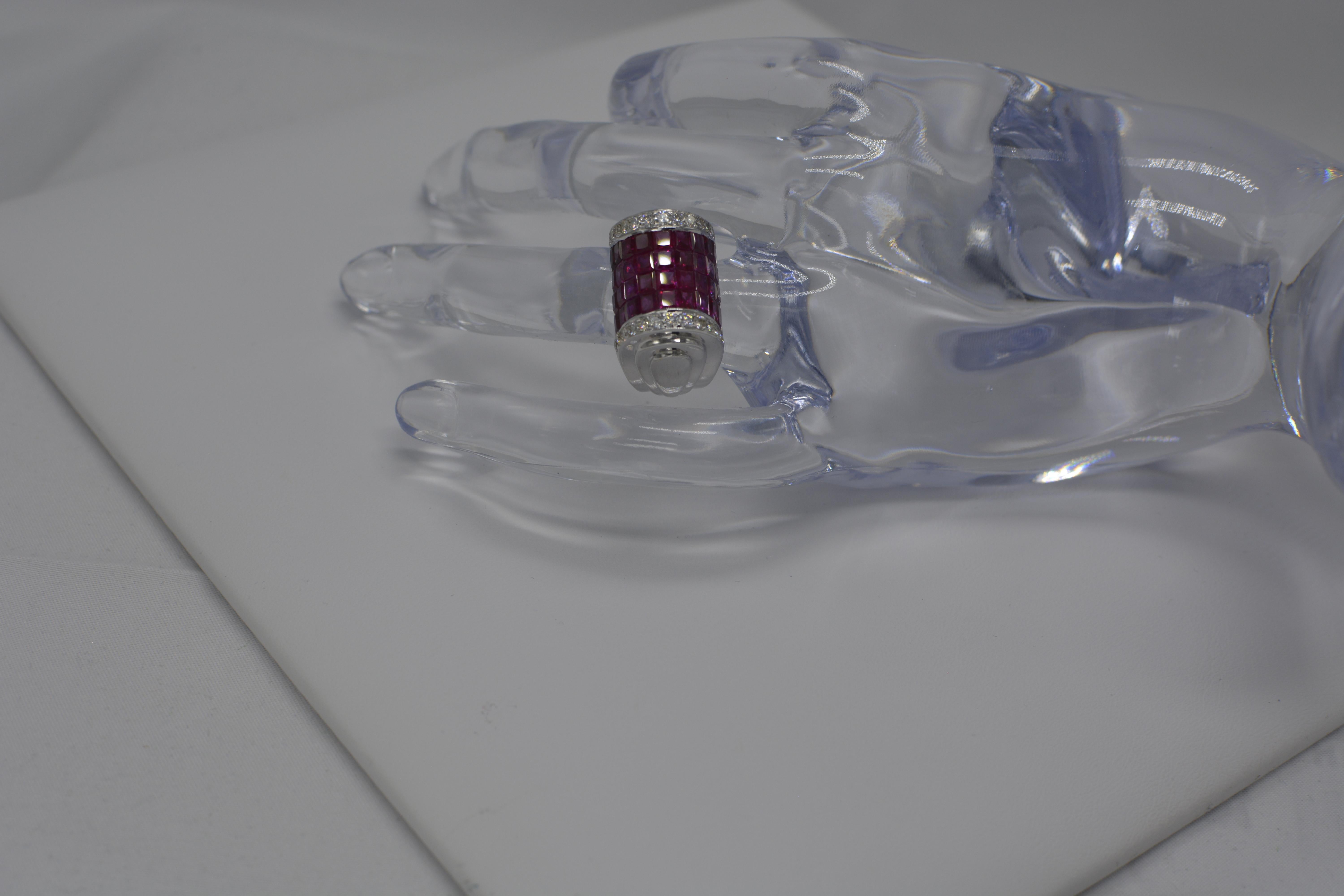 Invisible Settings Dome Ruby Ring & Diamonds 18 K white gold . For Sale 6