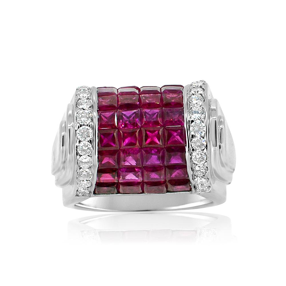 Unique Invisible Setting Ring With AAA Natural Ruby 
Dome Style
Total Ruby 4.0 carat
Total Diamond weight  0.70 carat G-H-VSS
Total Ruby weight  4.00 carat
18K white gold  13.50 grams
Finger Size 6
All natural Stones - none treated !
