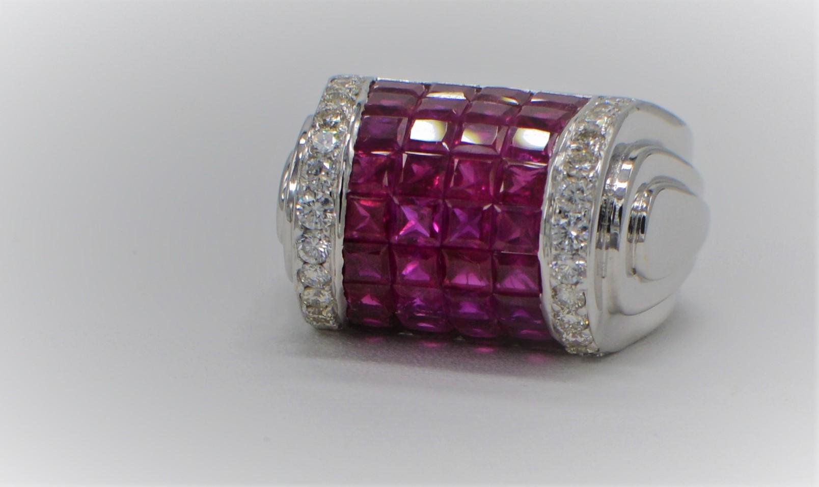 Square Cut Invisible Settings Dome Ruby Ring & Diamonds 18 K white gold . For Sale