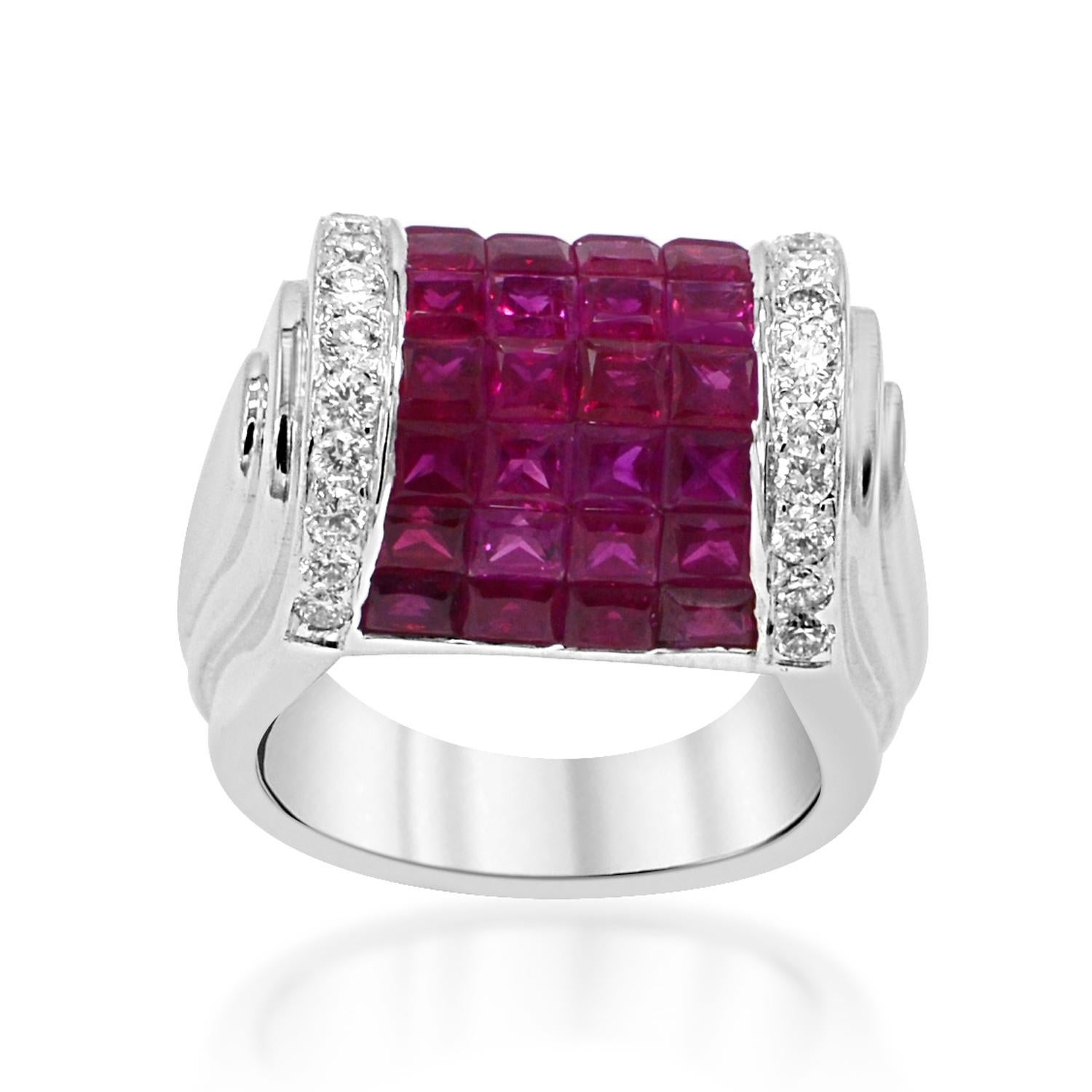 Invisible Settings Dome Ruby Ring & Diamonds 18 K white gold . In New Condition For Sale In Brooklyn, NY