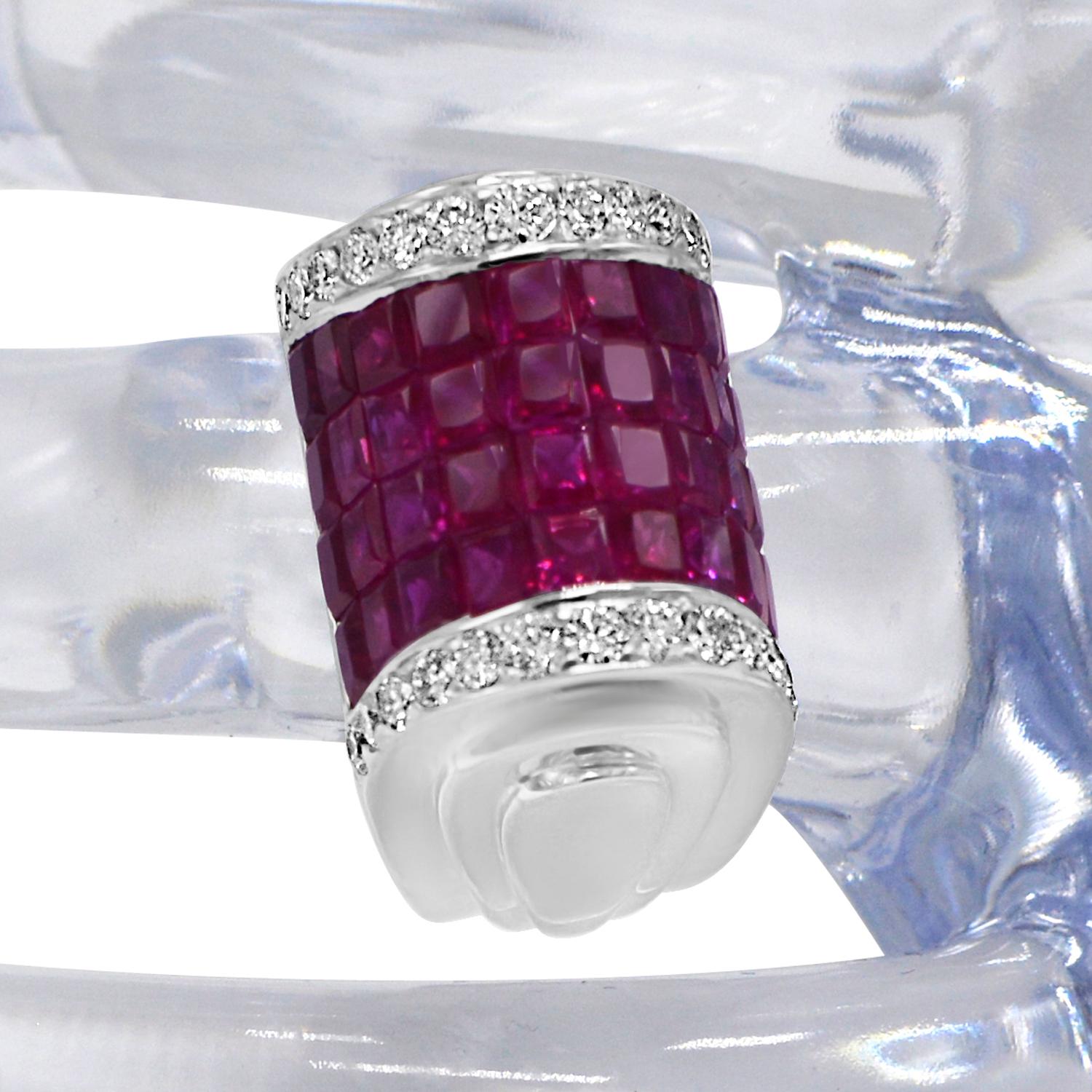 Women's Invisible Settings Dome Ruby Ring & Diamonds 18 K white gold . For Sale