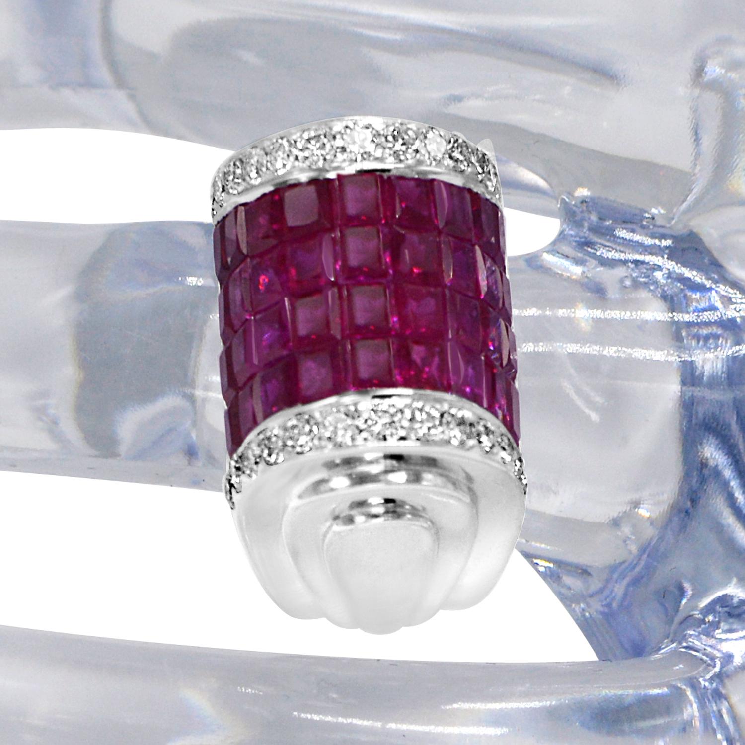 Square Cut Invisible Settings Dome Ruby Ring & Diamonds 18 Karat Yellow Gold For Sale