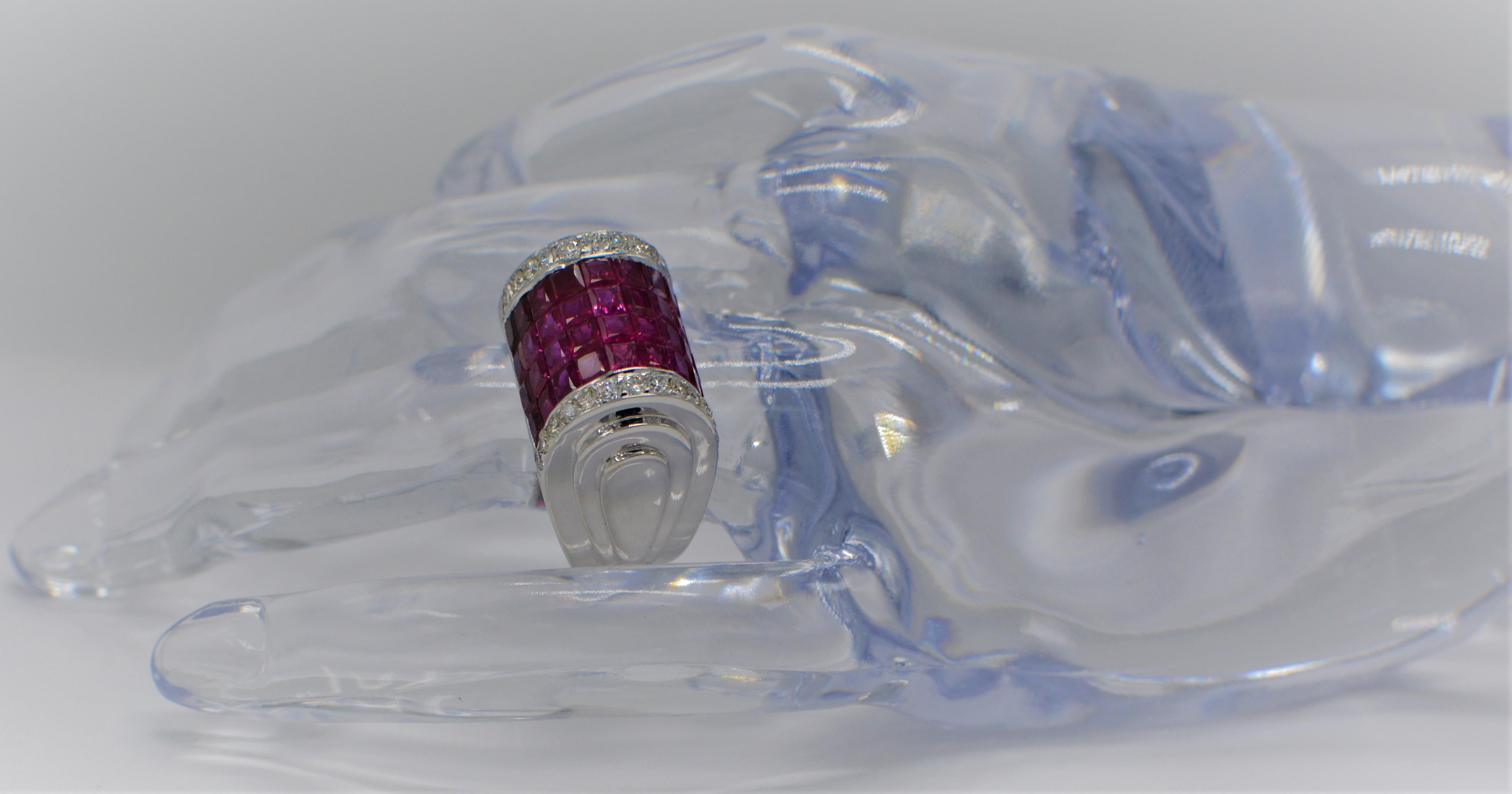 Invisible Settings Dome Ruby Ring & Diamonds 18 K white gold . For Sale 2