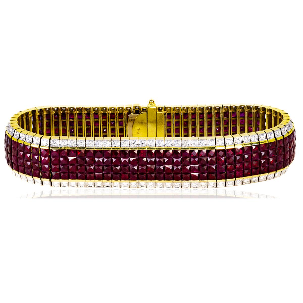 Square Cut Invisibly Set 18k Ruby Bracelet For Sale