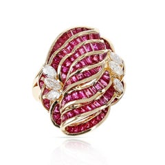 Channel Set 8 Row Ruby Flower-Cut Cocktail Ring with Marquise Diamonds, 18K