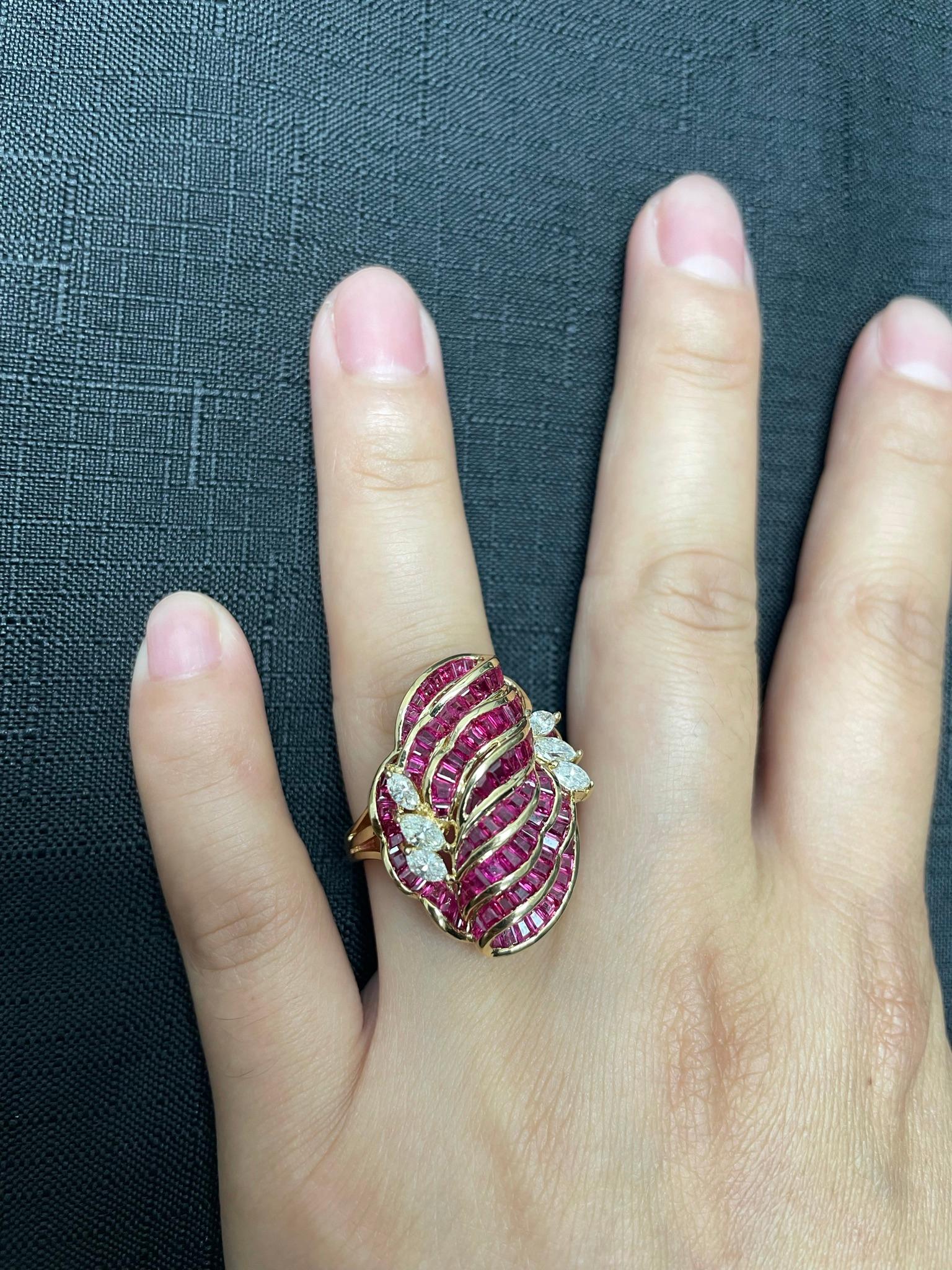 Baguette Cut Invisibly Set 8 Row Ruby Flower-Cut Cocktail Ring with Marquise Diamonds, 18K For Sale