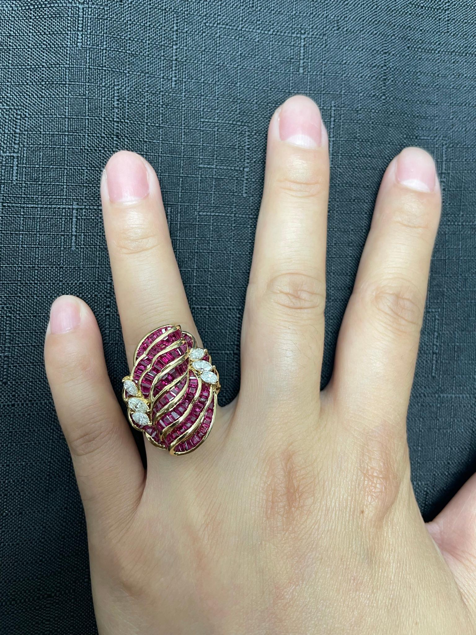 Channel Set 8 Row Ruby Flower-Cut Cocktail Ring with Marquise Diamonds, 18K In Excellent Condition For Sale In New York, NY